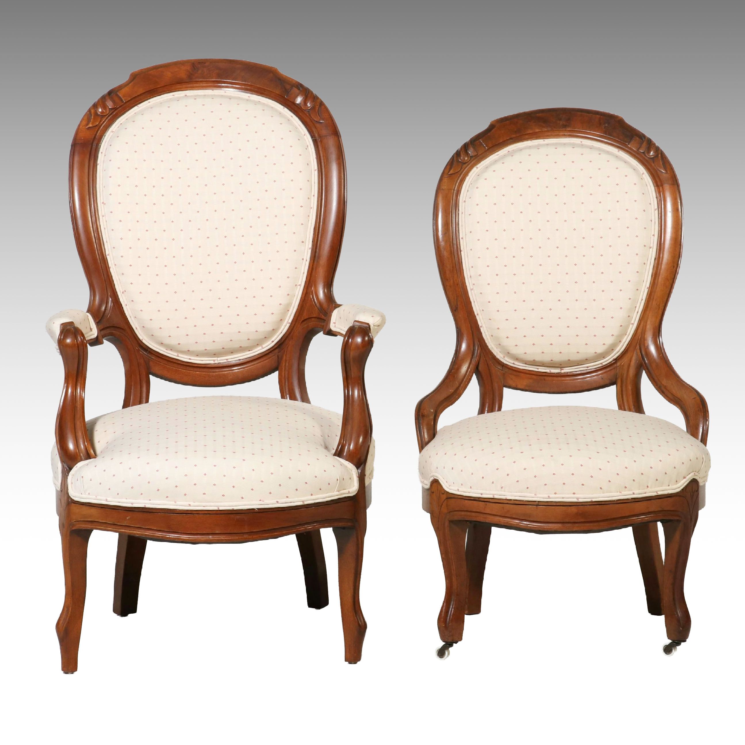 Pair of Victorian Louis XV Revival Walnut Gentleman's and Lady's Chairs