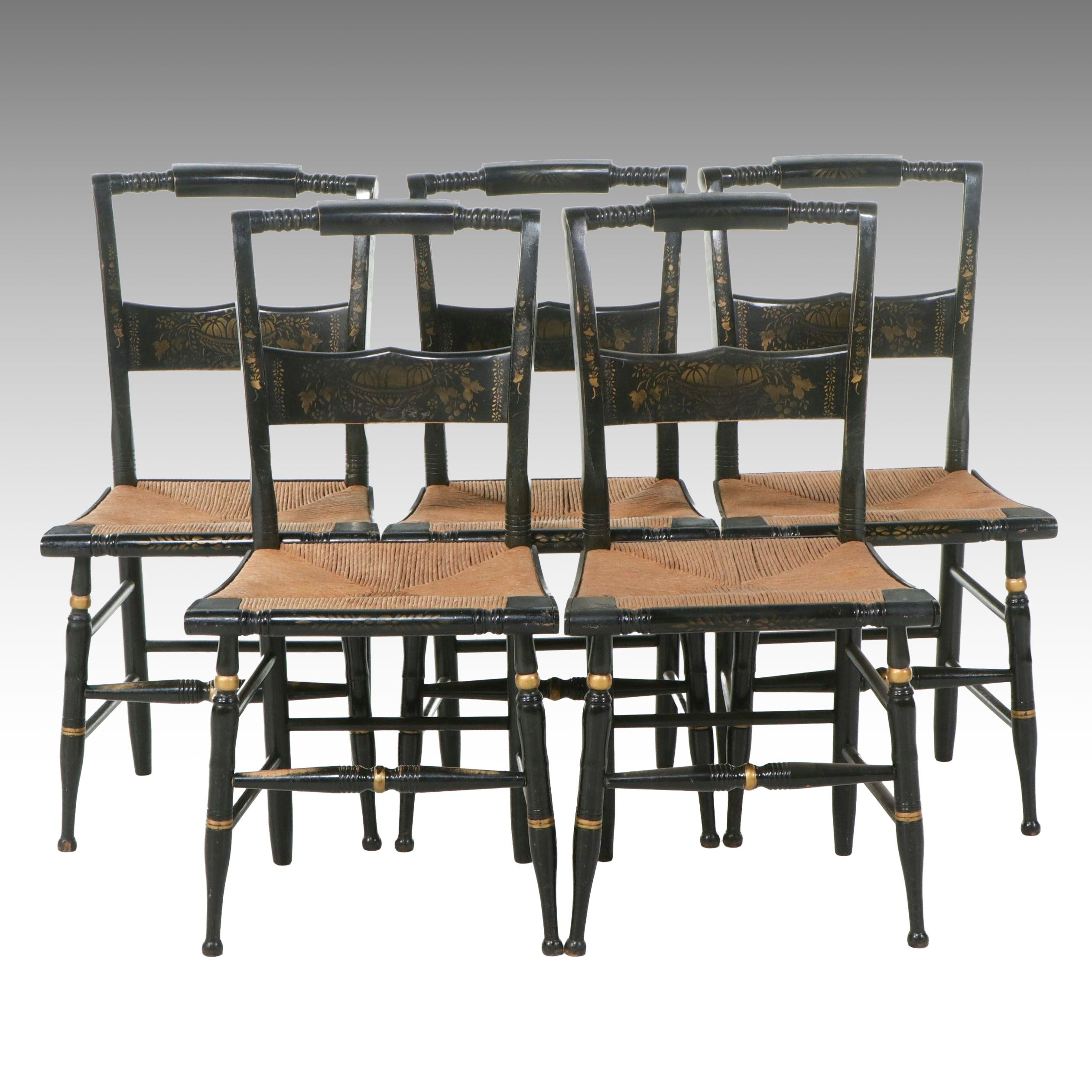 Set of Five Paint-Decorated Hitchcock Style Fancy Chairs with Rush Seats