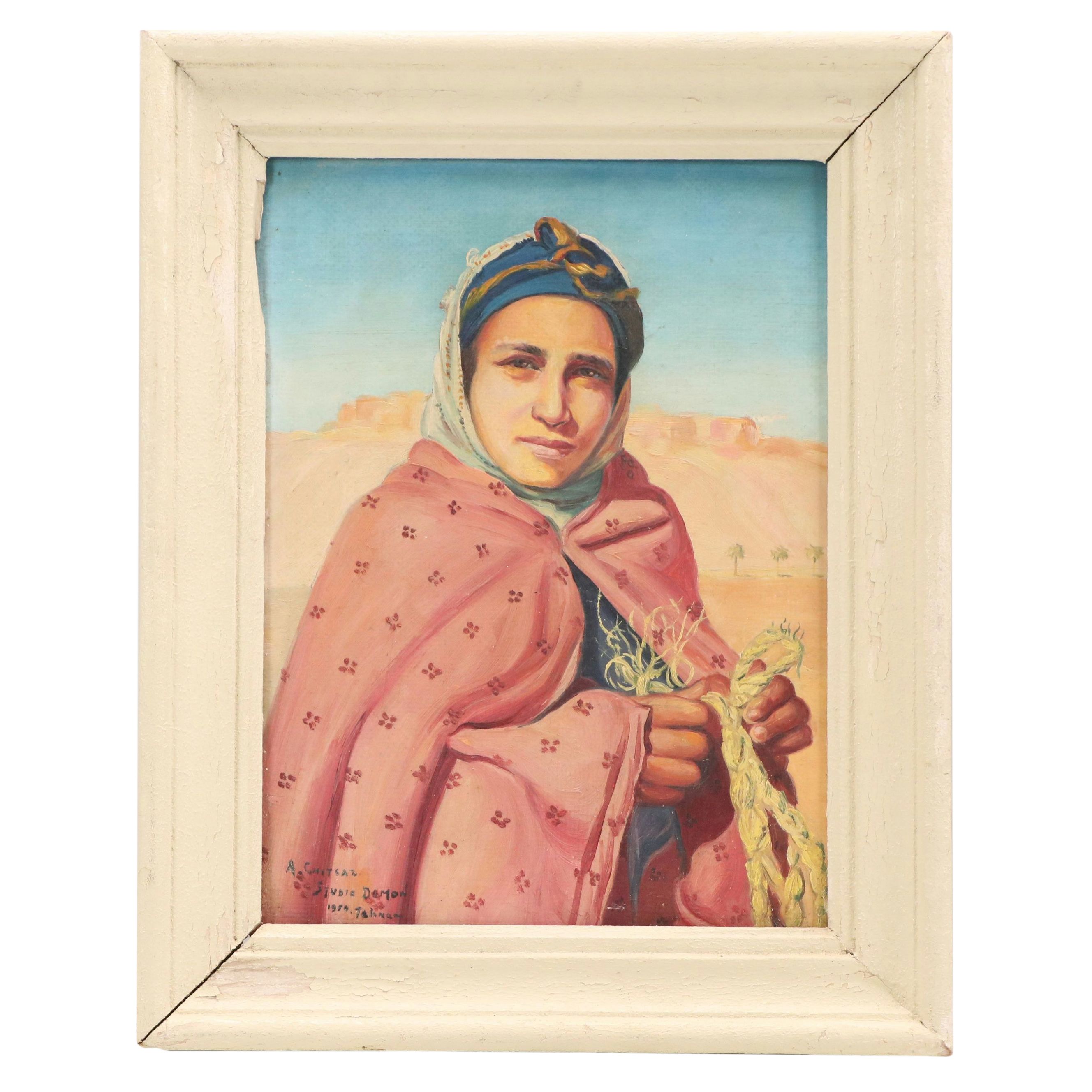 Studio Demon Portrait Oil Painting of Woman in Desert Landscape, 1954