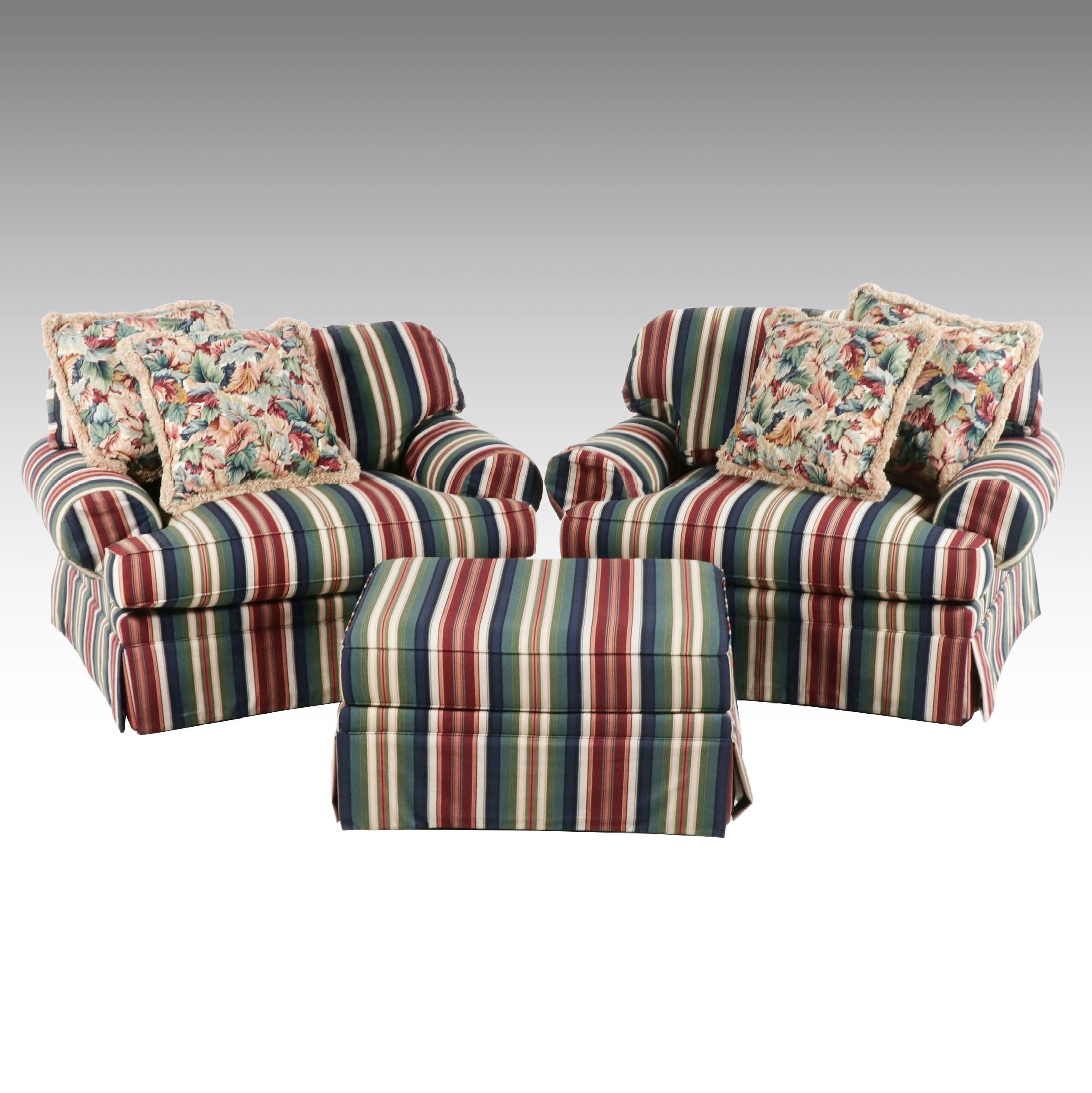 Pair of Striped Oversized Armchairs and Ottoman