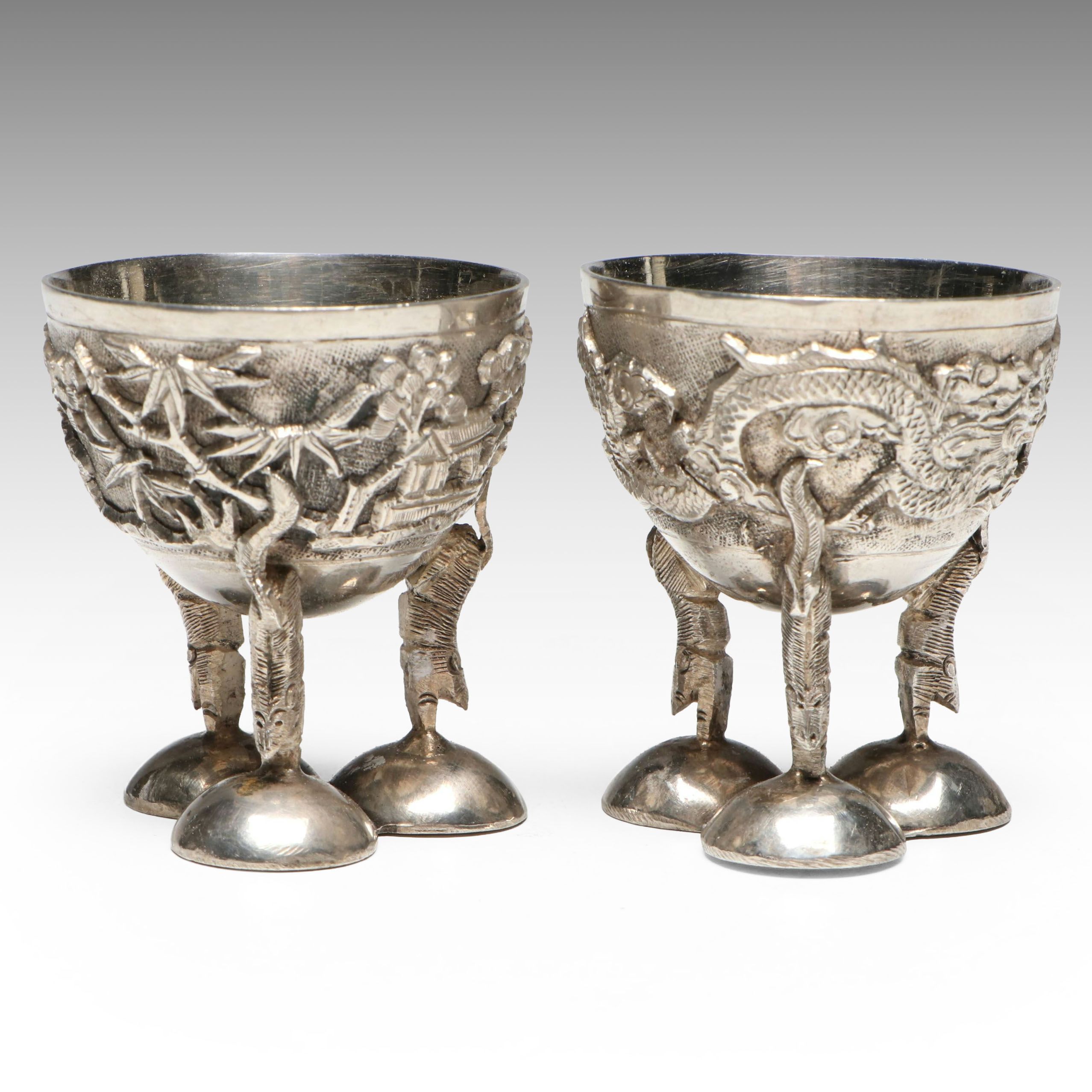 Chinese Diminutive 900 Silver Pedestal Bowls
