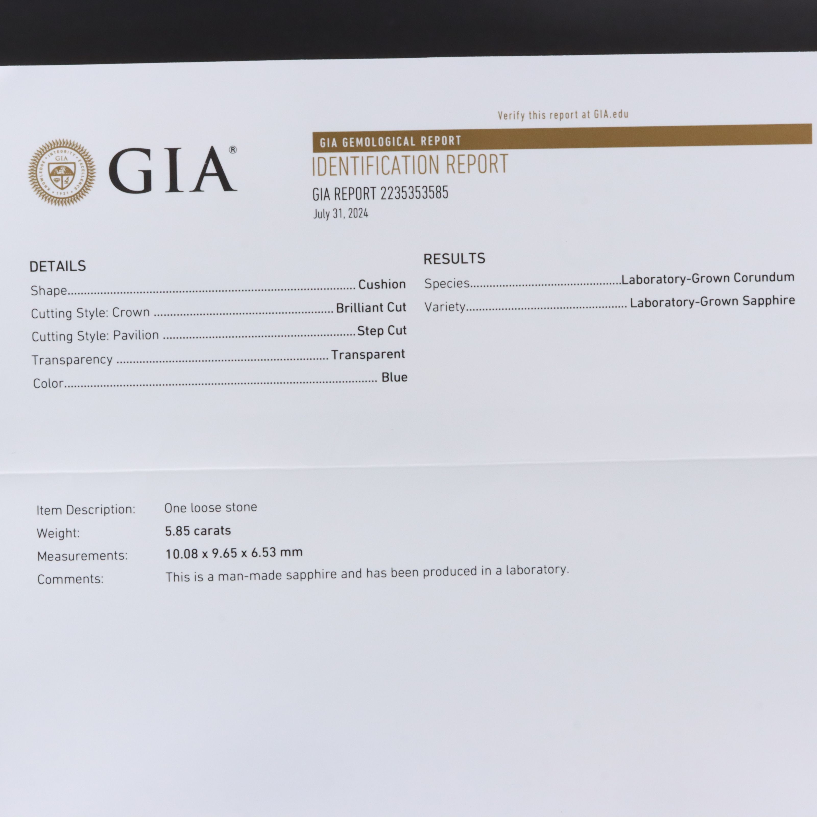 Loose 5.85 CT Lab Grown Sapphire with GIA Report
