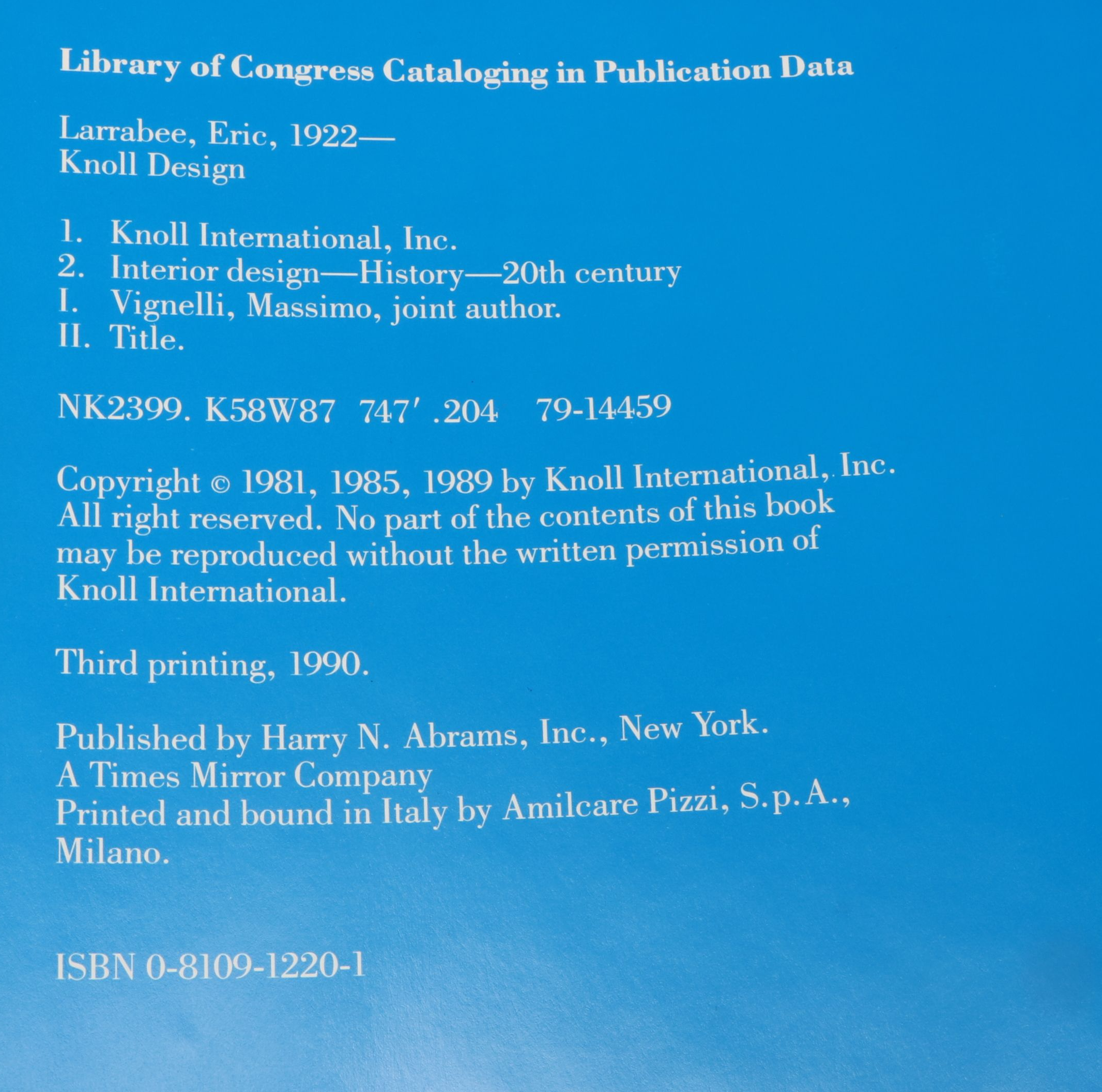 Third Printing "Knoll Design" by Eric Larrabee and Massimo Vignelli, 1990