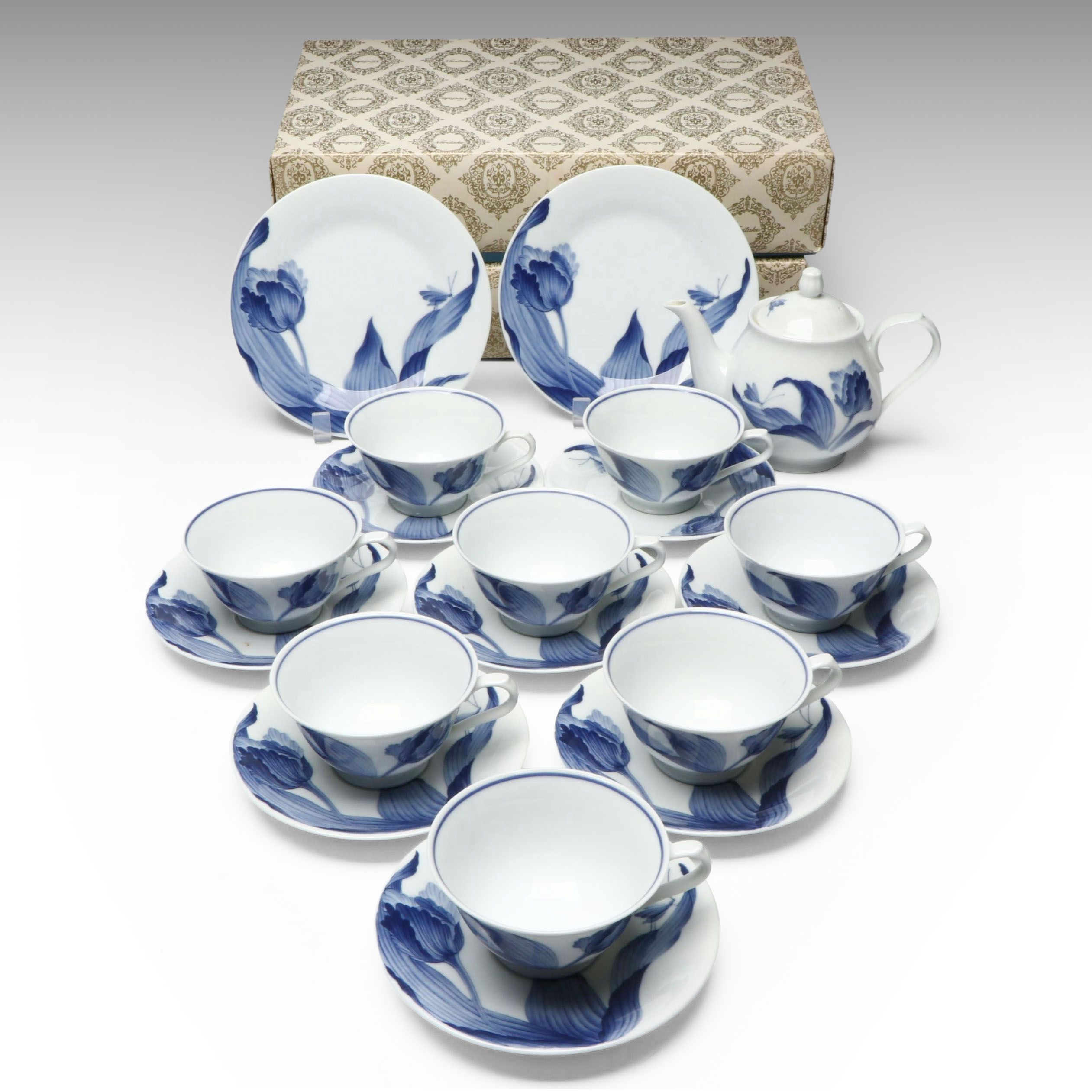 Noritake Blue Floral Porcelain Teapot, Plates and Teacups