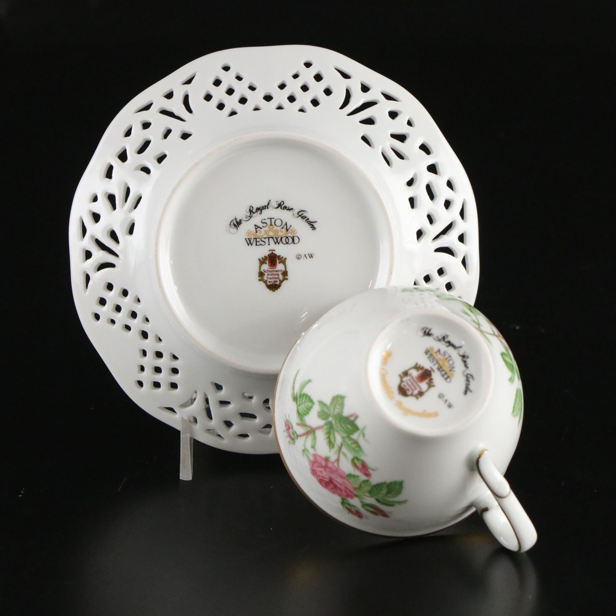 Aston Westwood "Royal Rose Garden" Teacups and Saucers with Crystal Tray