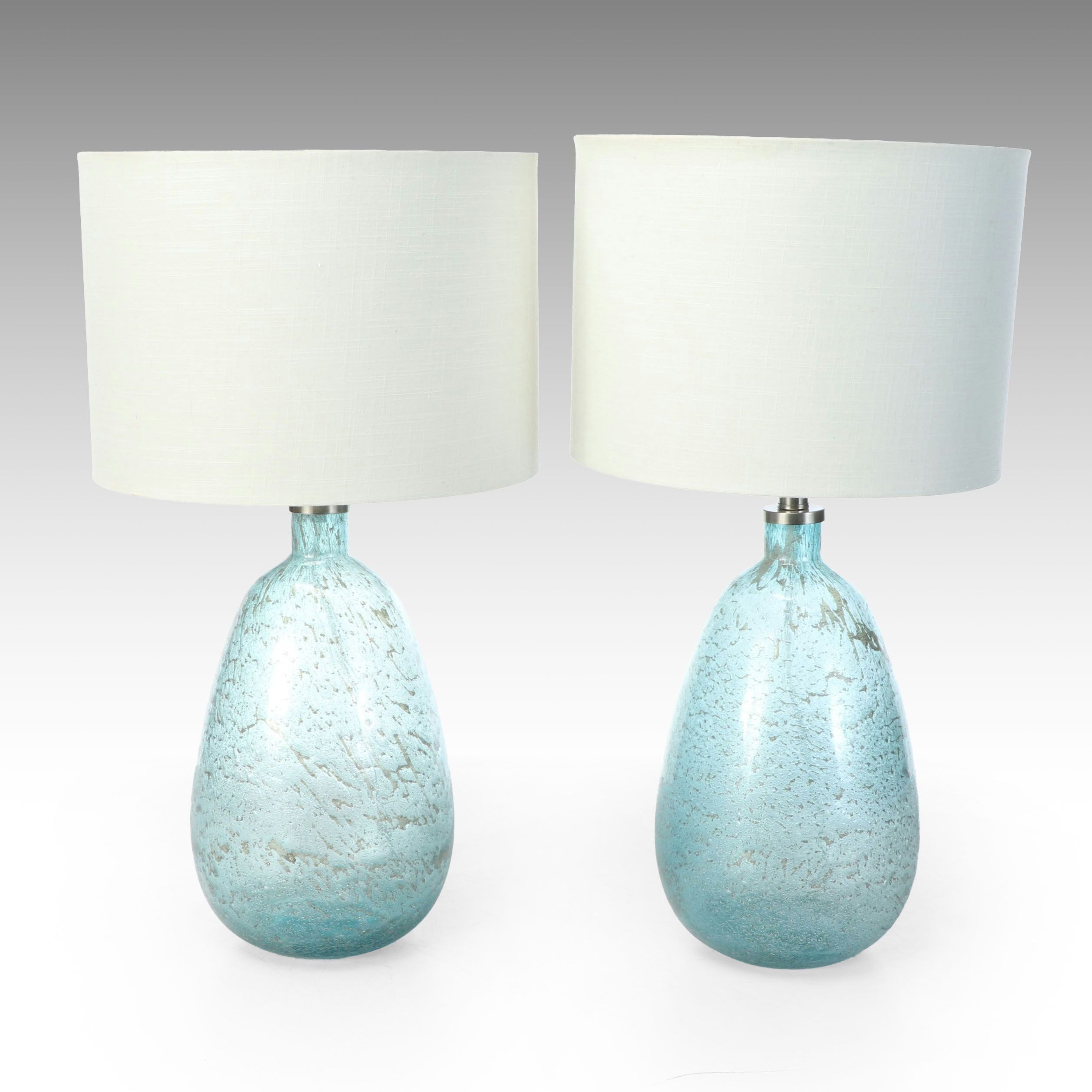 Aqua Seed Glass Vessel Table Lamps with Cotton Drum Shades