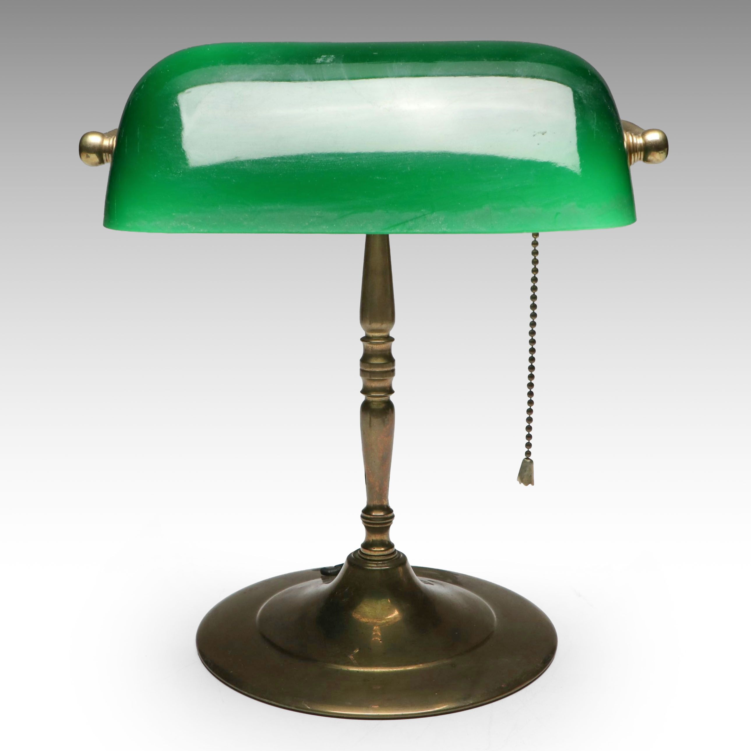 Brass Banker's Desk Lamp with Cased Green Shade, Vintage