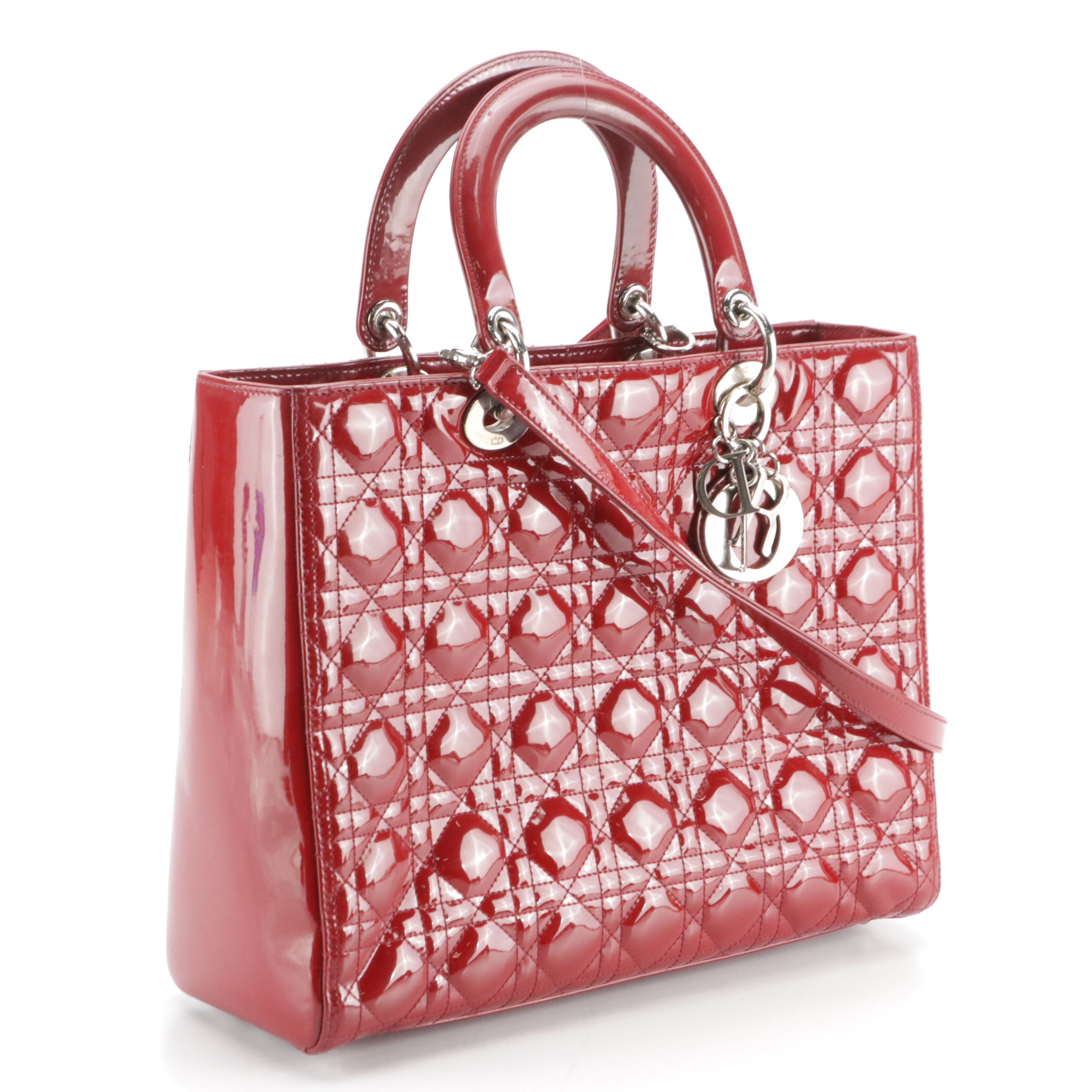 Christian Dior Red Cannage Quilted Patent Leather Medium Lady Dior Two-Way Bag