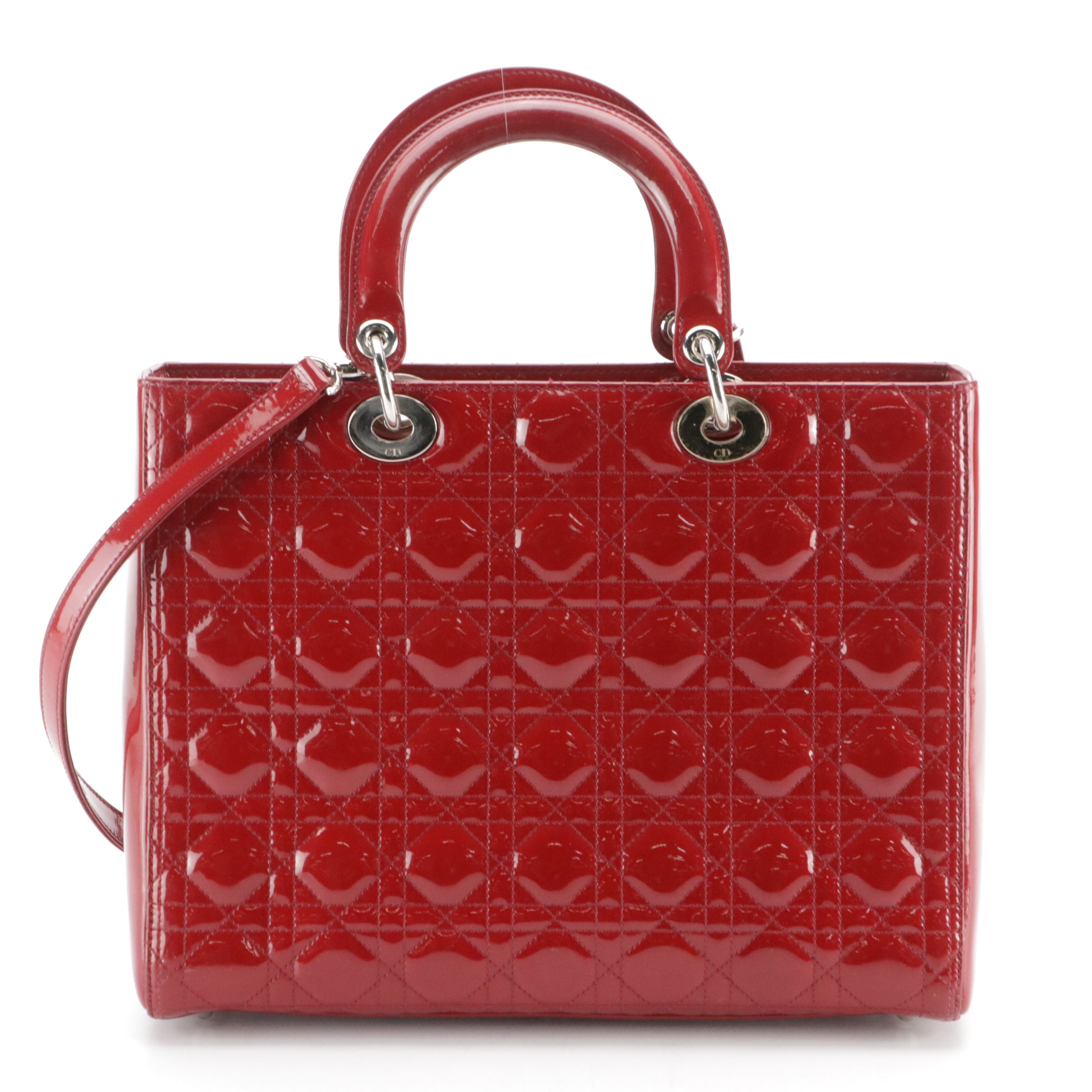 Christian Dior Red Cannage Quilted Patent Leather Medium Lady Dior Two-Way Bag