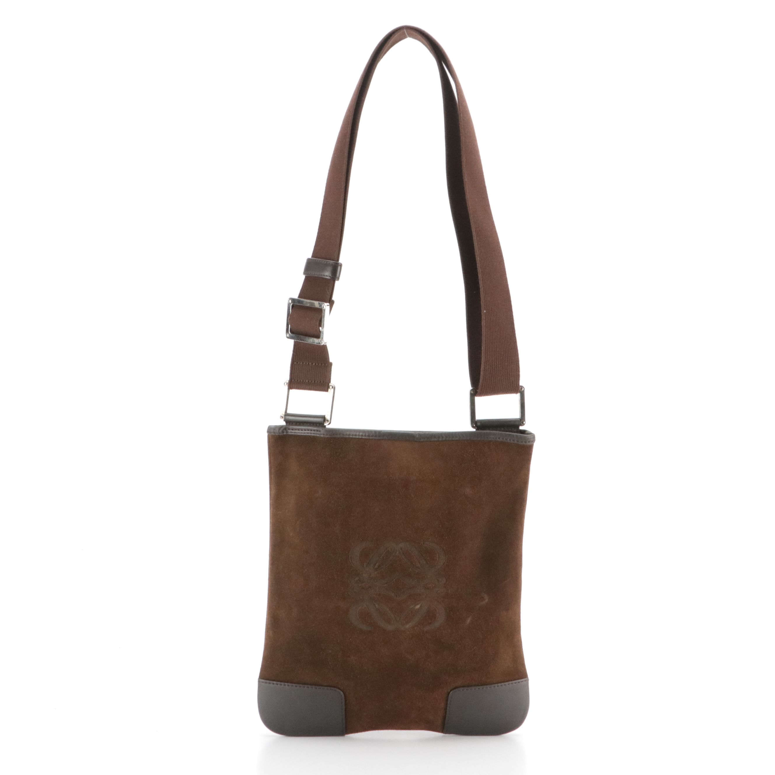 Loewe Anagram Embossed Suede and Leather Crossbody Bag with Web Strap