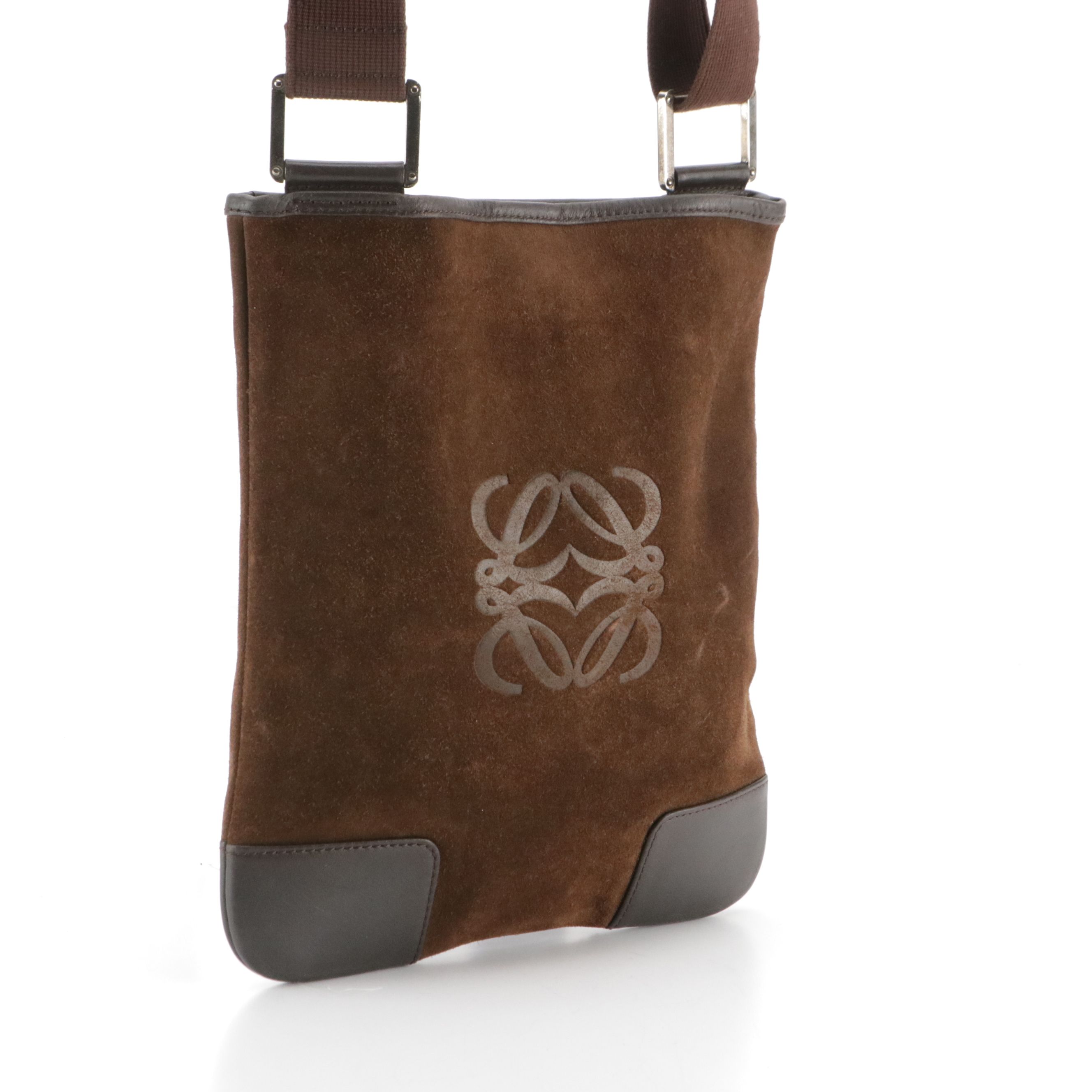 Loewe Anagram Embossed Suede and Leather Crossbody Bag with Web Strap