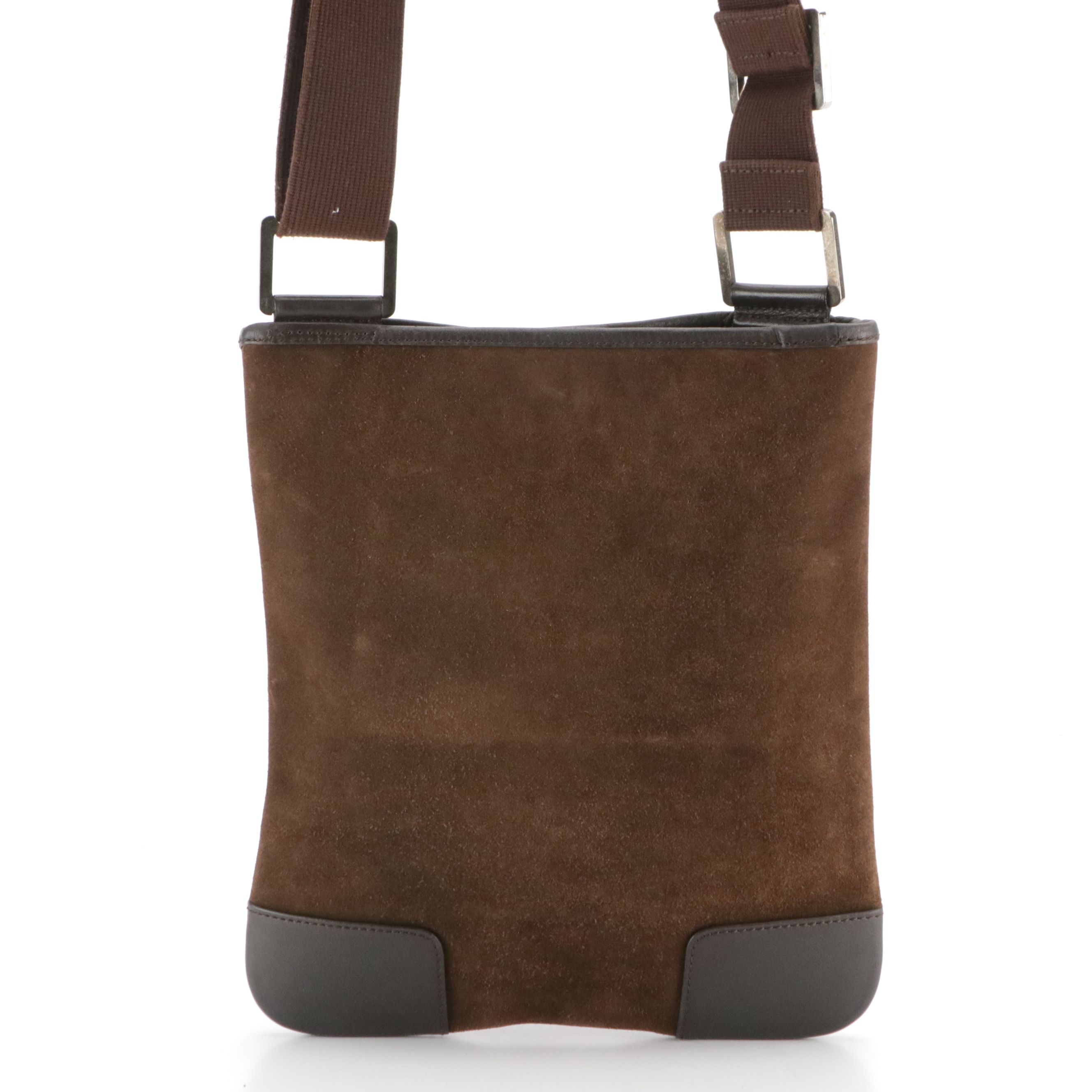 Loewe Anagram Embossed Suede and Leather Crossbody Bag with Web Strap