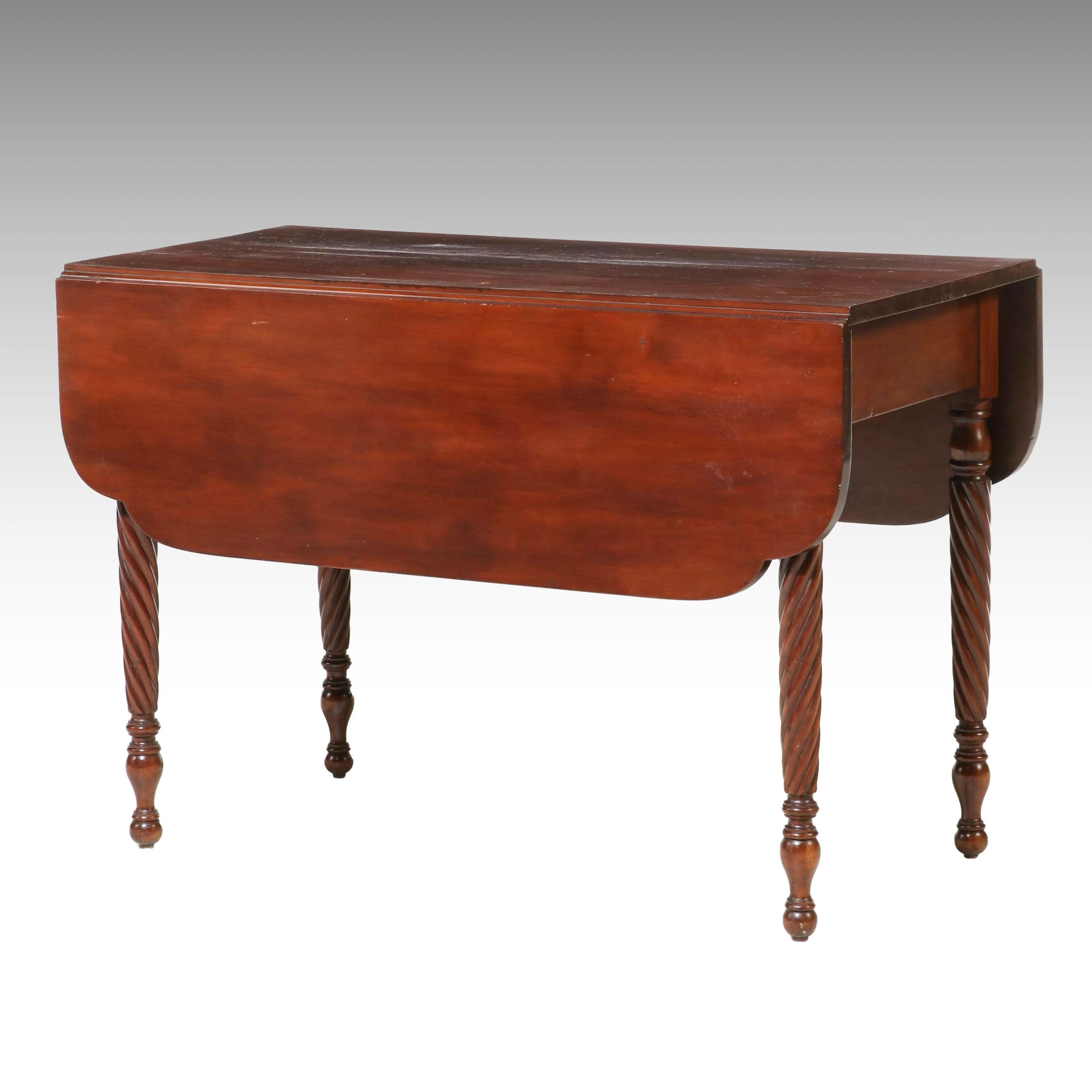 Late Federal Style Mahogany Drop-Leaf Dining Table with Spiral-Turned Legs