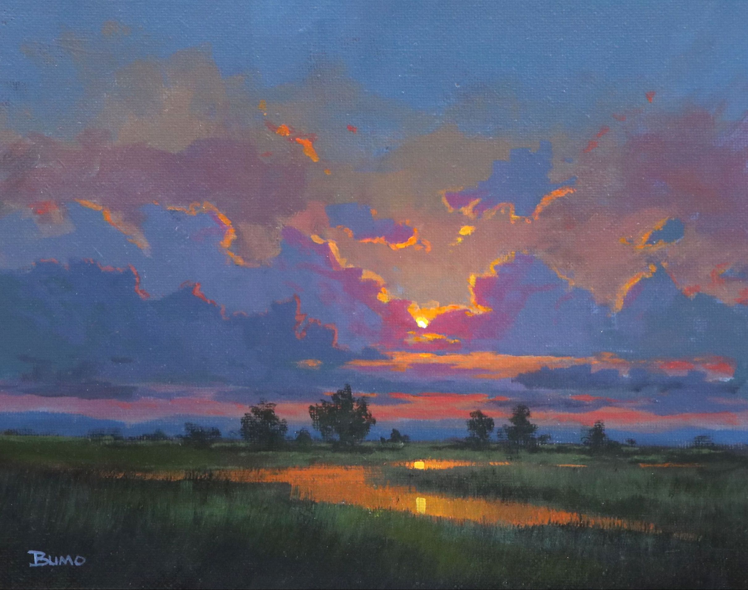 Doug "Bumo" Johnpeer Acrylic Painting of Sunset Landscape, 21st Century