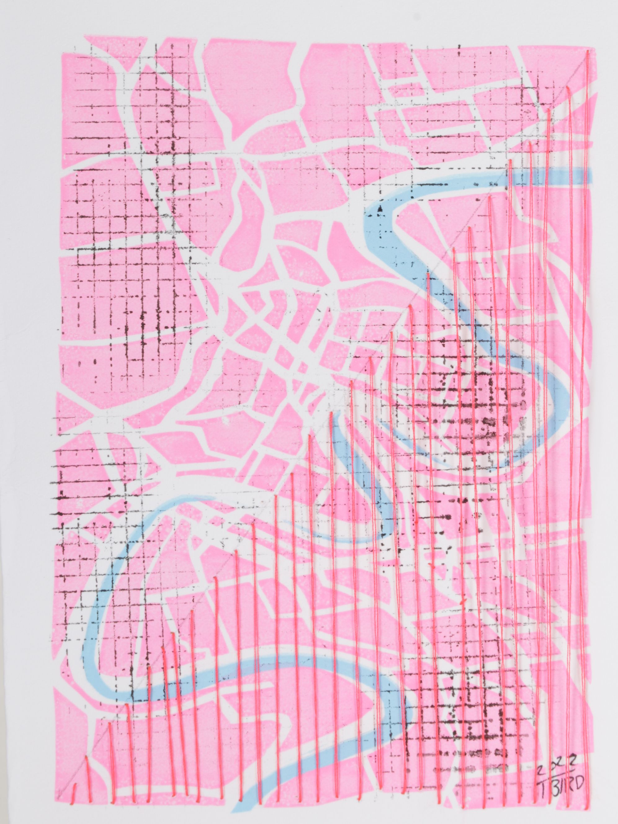 Tarli Bird Hand-Embroidered Serigraph of Route Through a Metropolitan Map, 2022