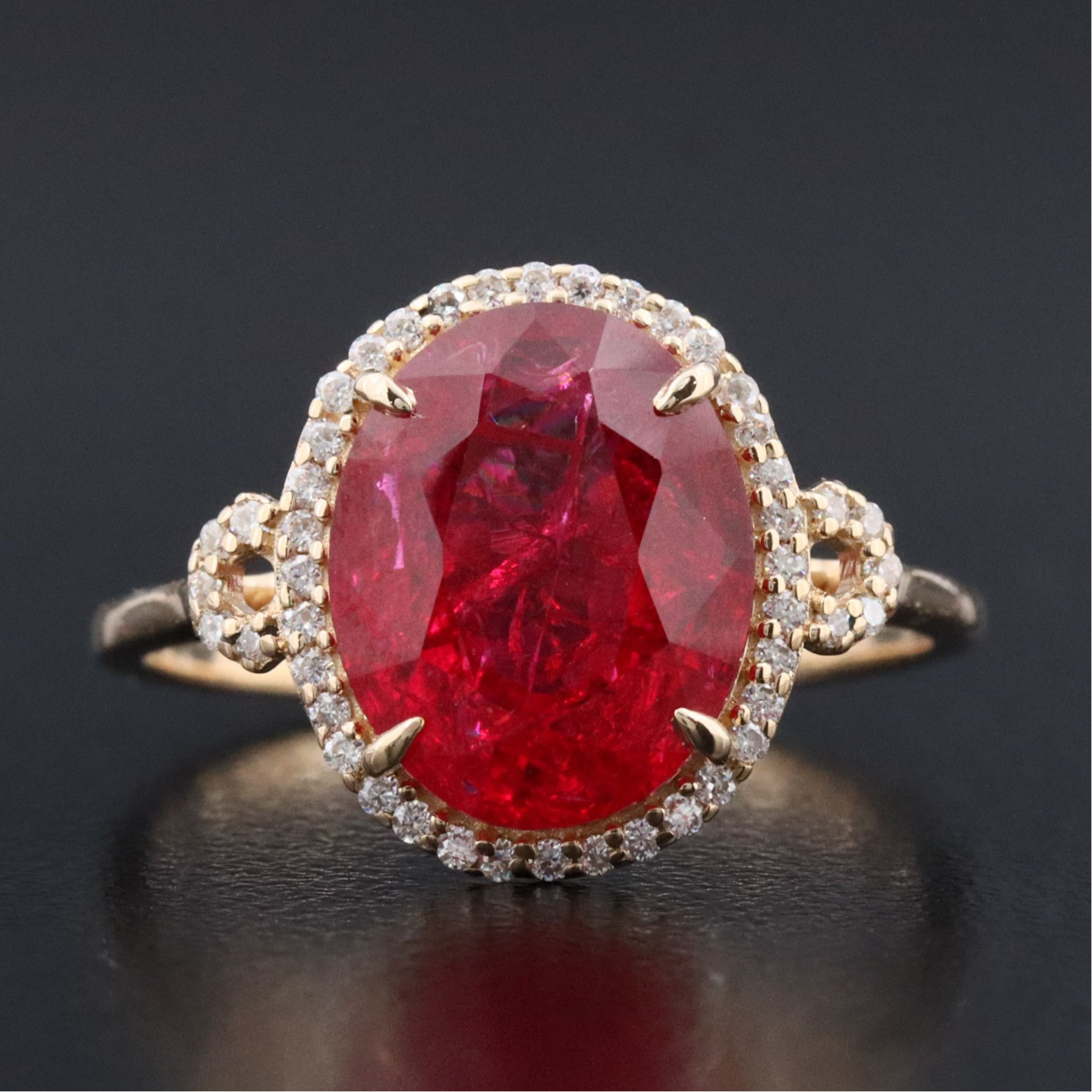 14K 4.40 CT Lab Grown Ruby and Moissanite Halo Ring