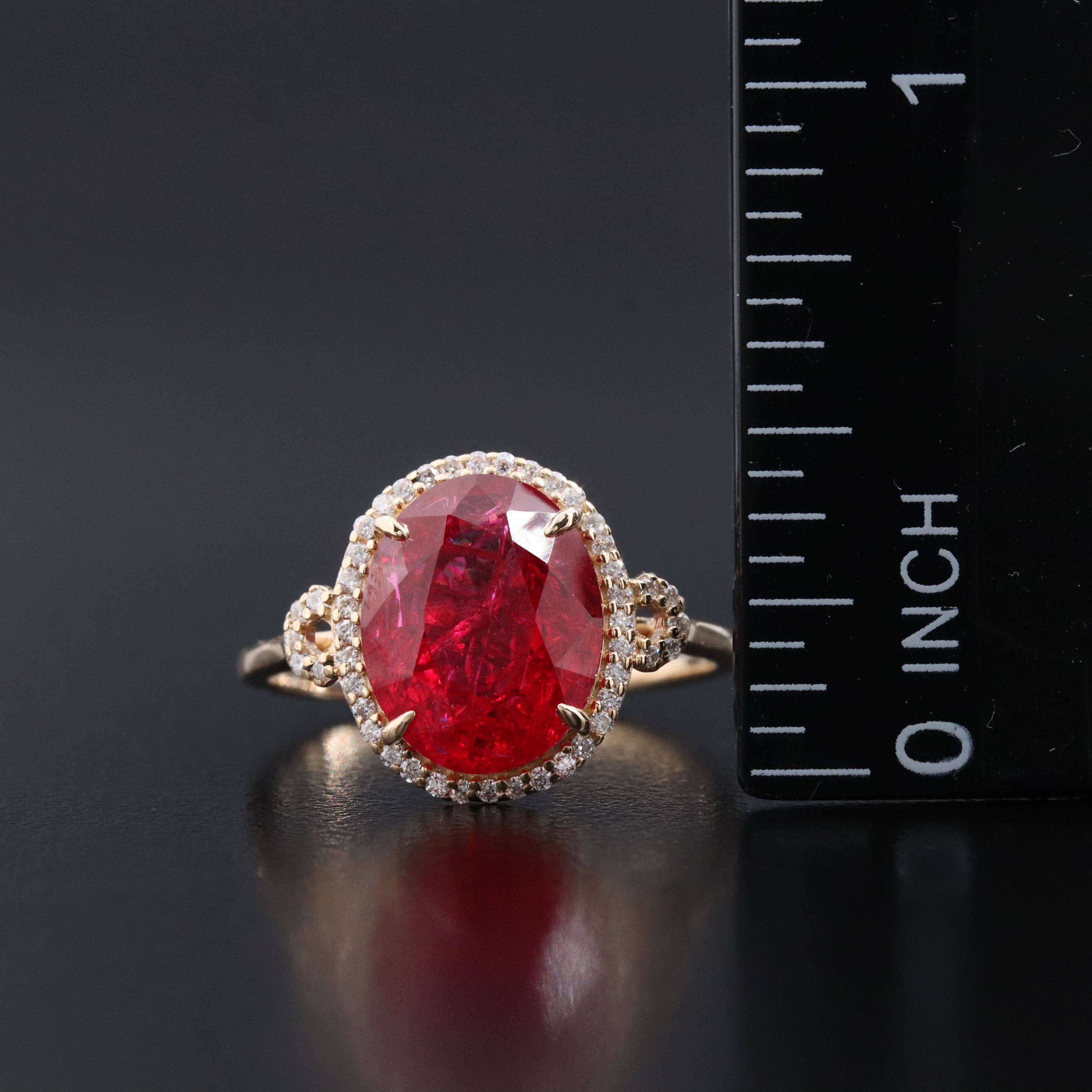 14K 4.40 CT Lab Grown Ruby and Moissanite Halo Ring