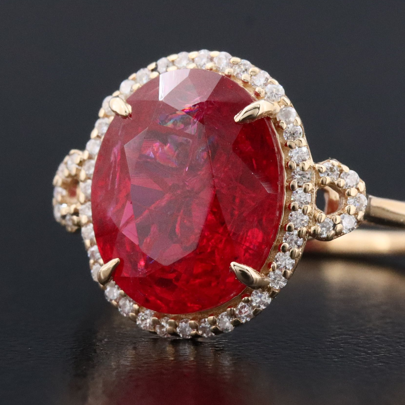 14K 4.40 CT Lab Grown Ruby and Moissanite Halo Ring