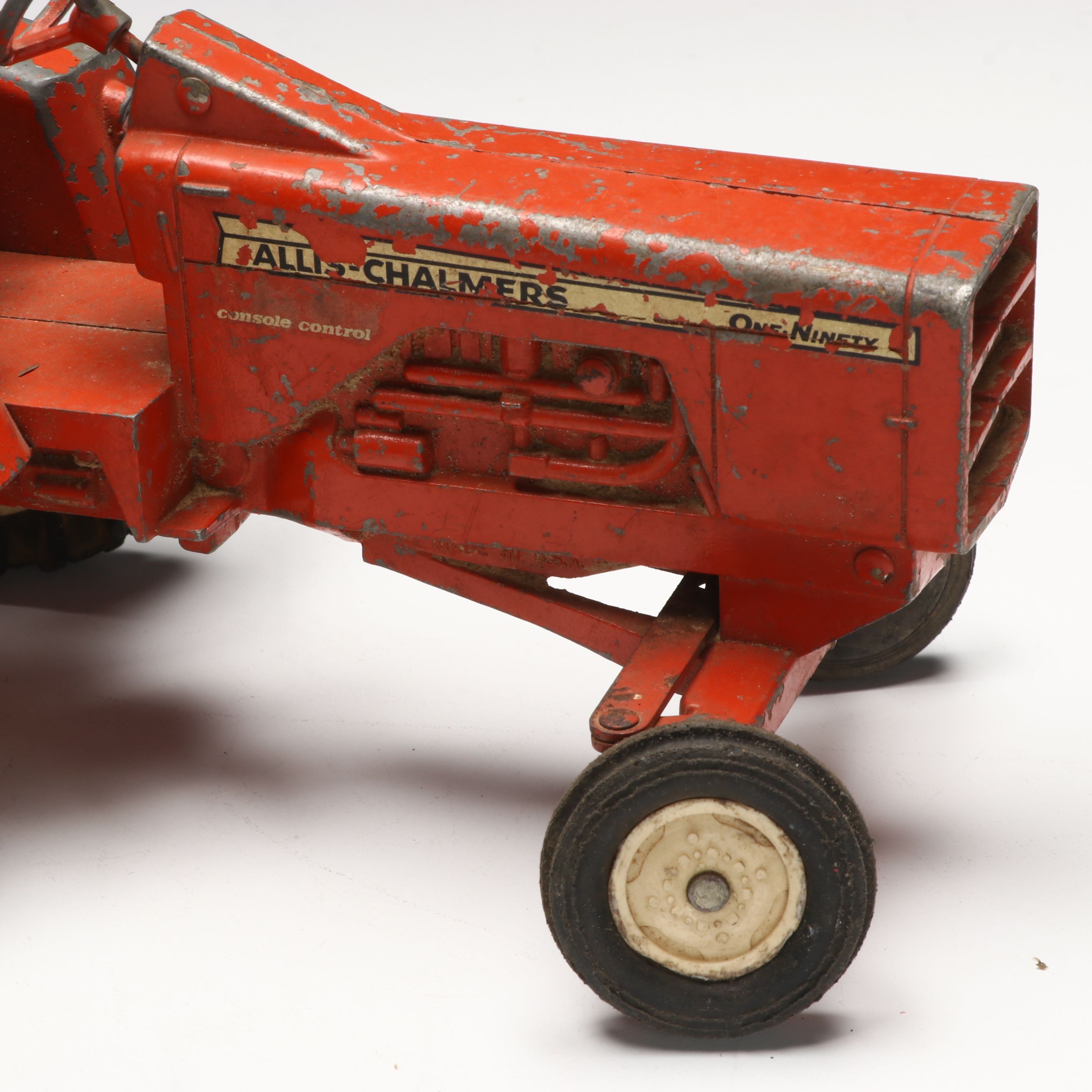 Vintage Allis Chalmers and John Deere Polychrome Metal Tractor Toys