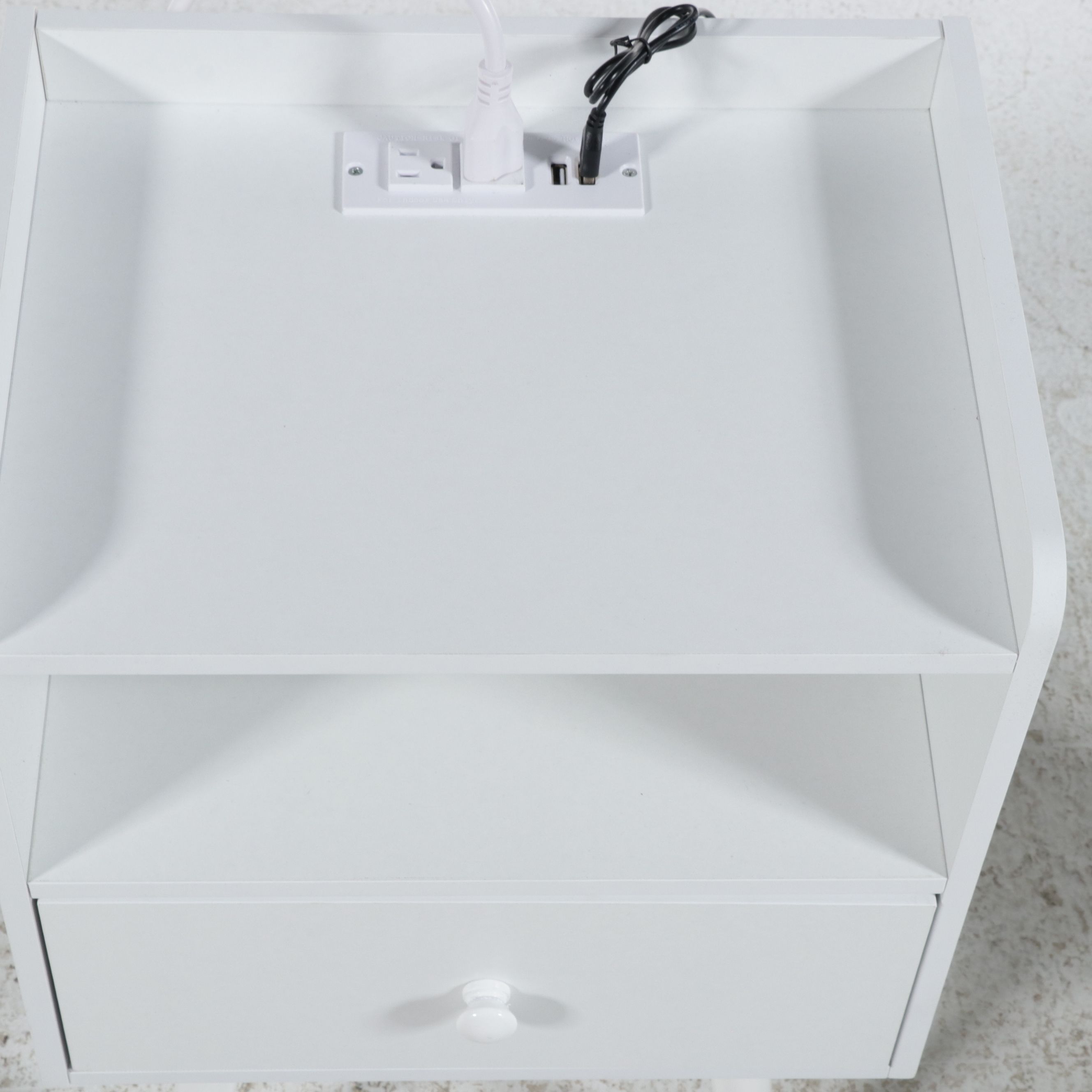 Pair of Mid Century Modern Style White Nightstands with Integrated Power, 21st C