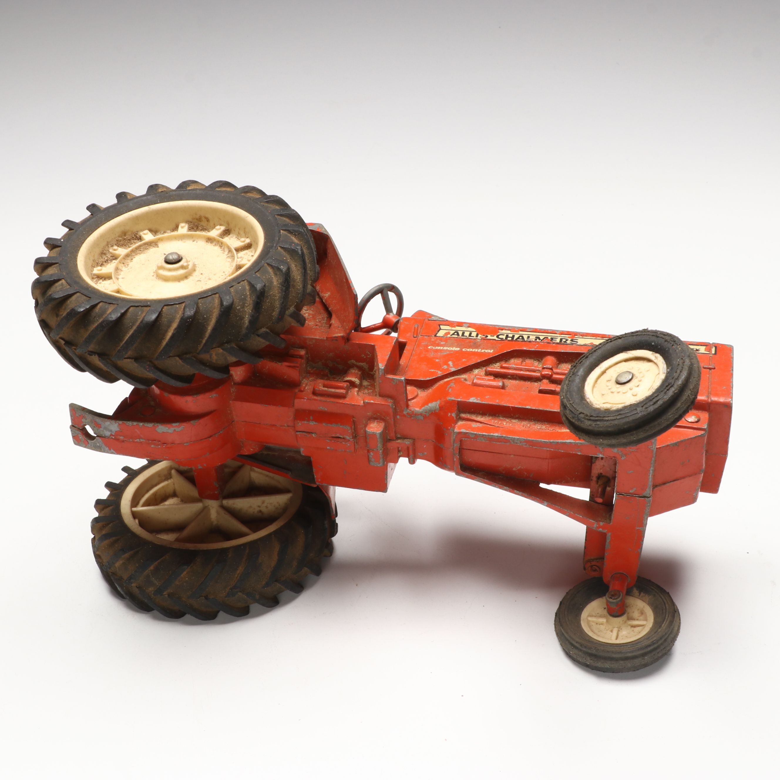 Vintage Allis Chalmers and John Deere Polychrome Metal Tractor Toys