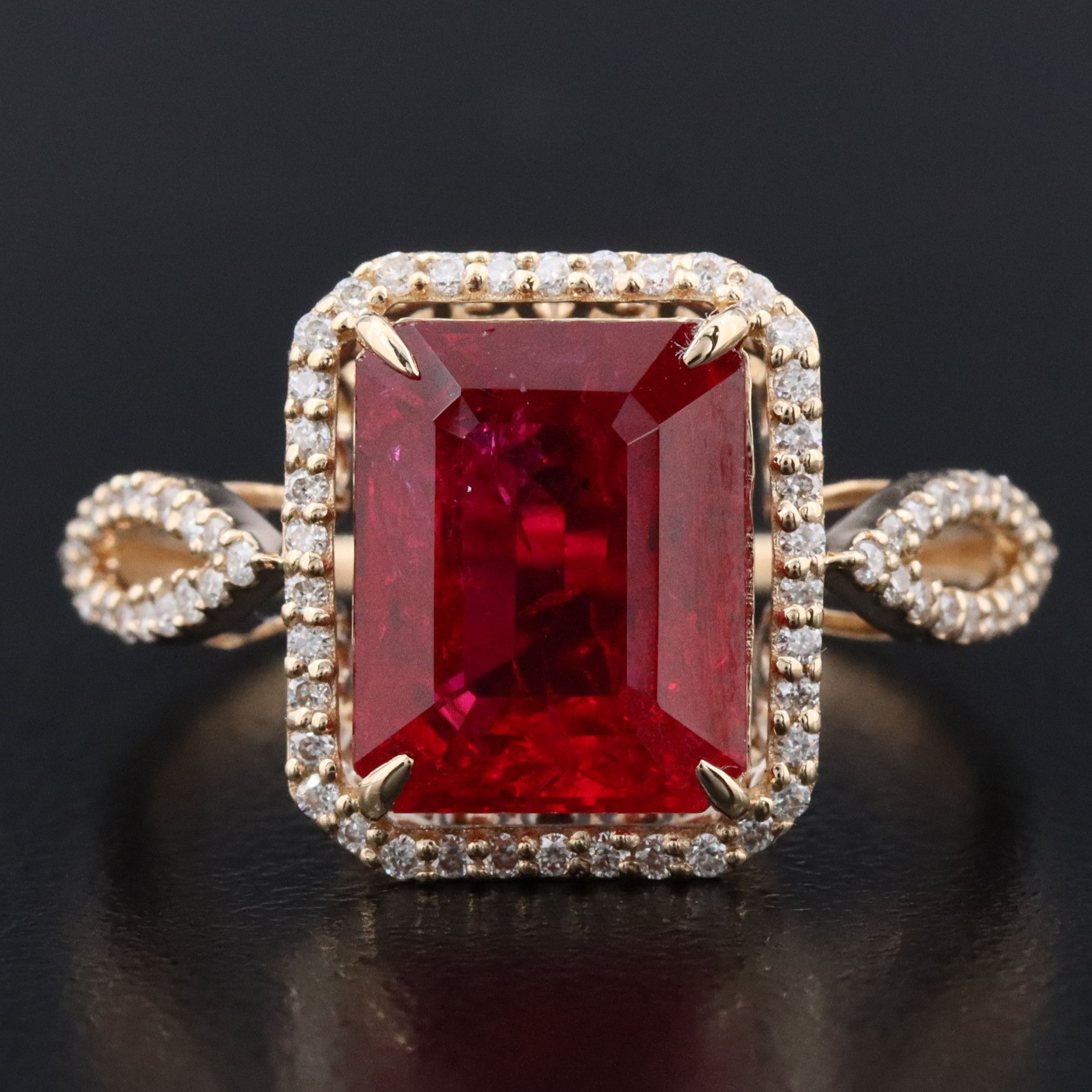 14K 4.46 CT Lab Grown Ruby and Moissanite Halo Ring