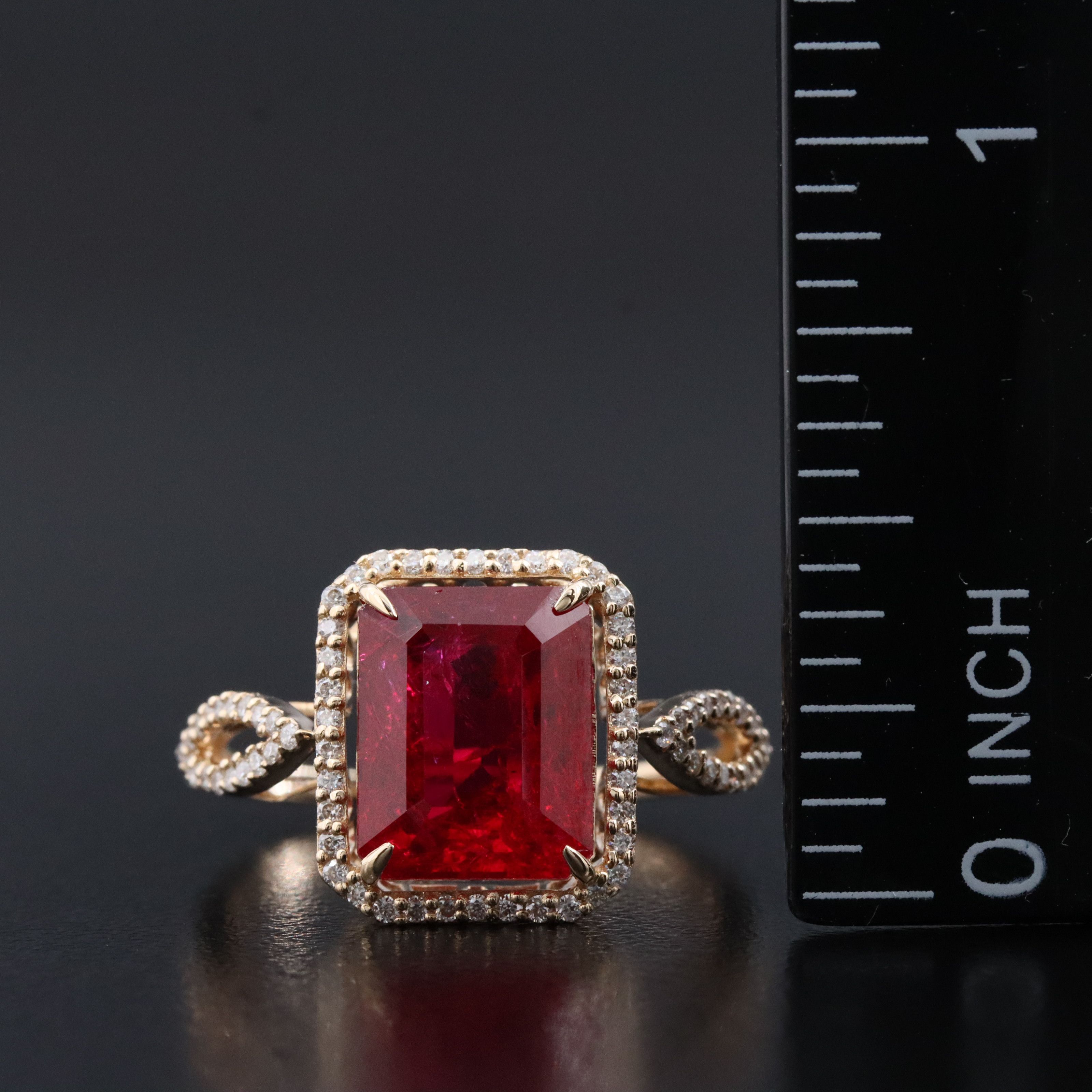 14K 4.46 CT Lab Grown Ruby and Moissanite Halo Ring