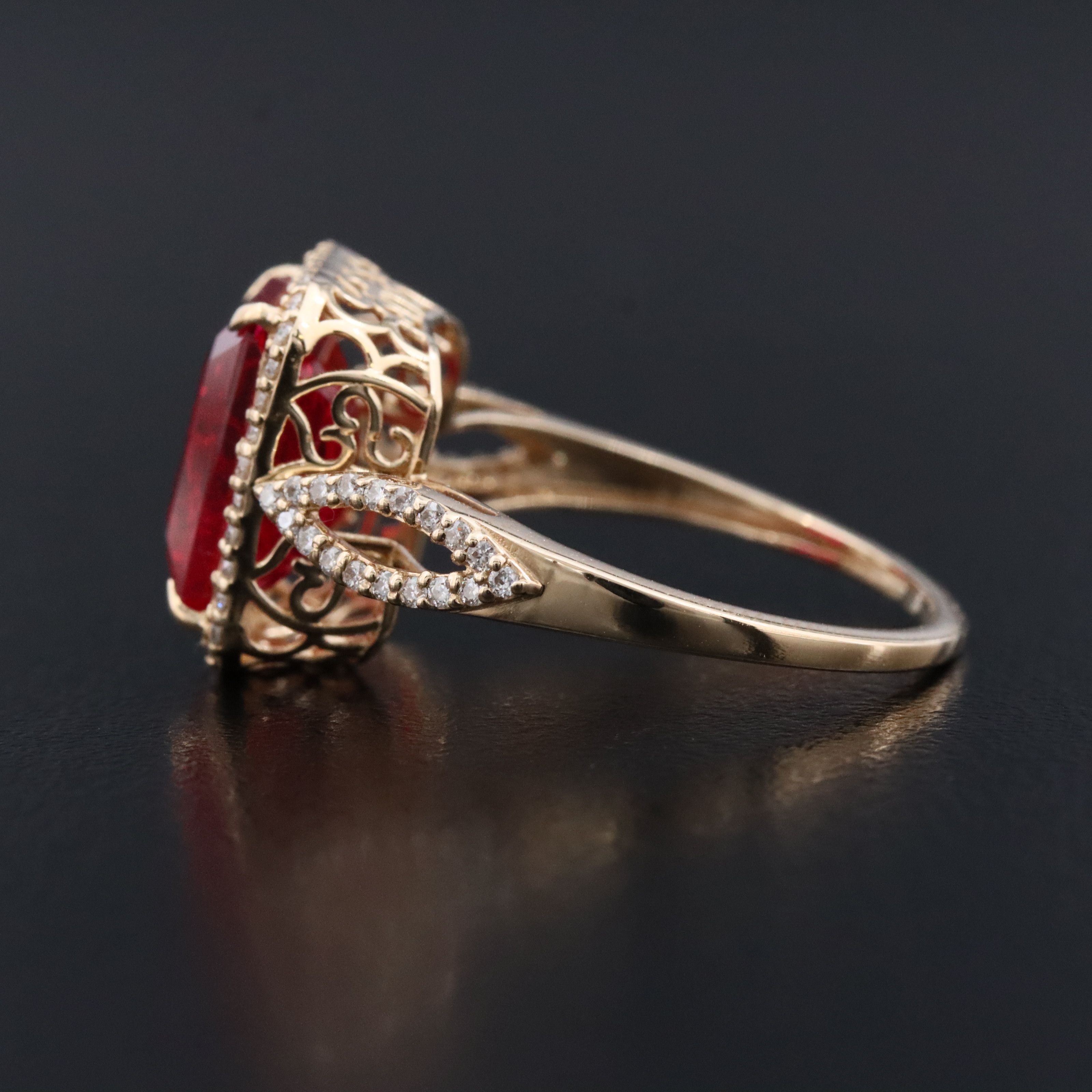 14K 4.46 CT Lab Grown Ruby and Moissanite Halo Ring