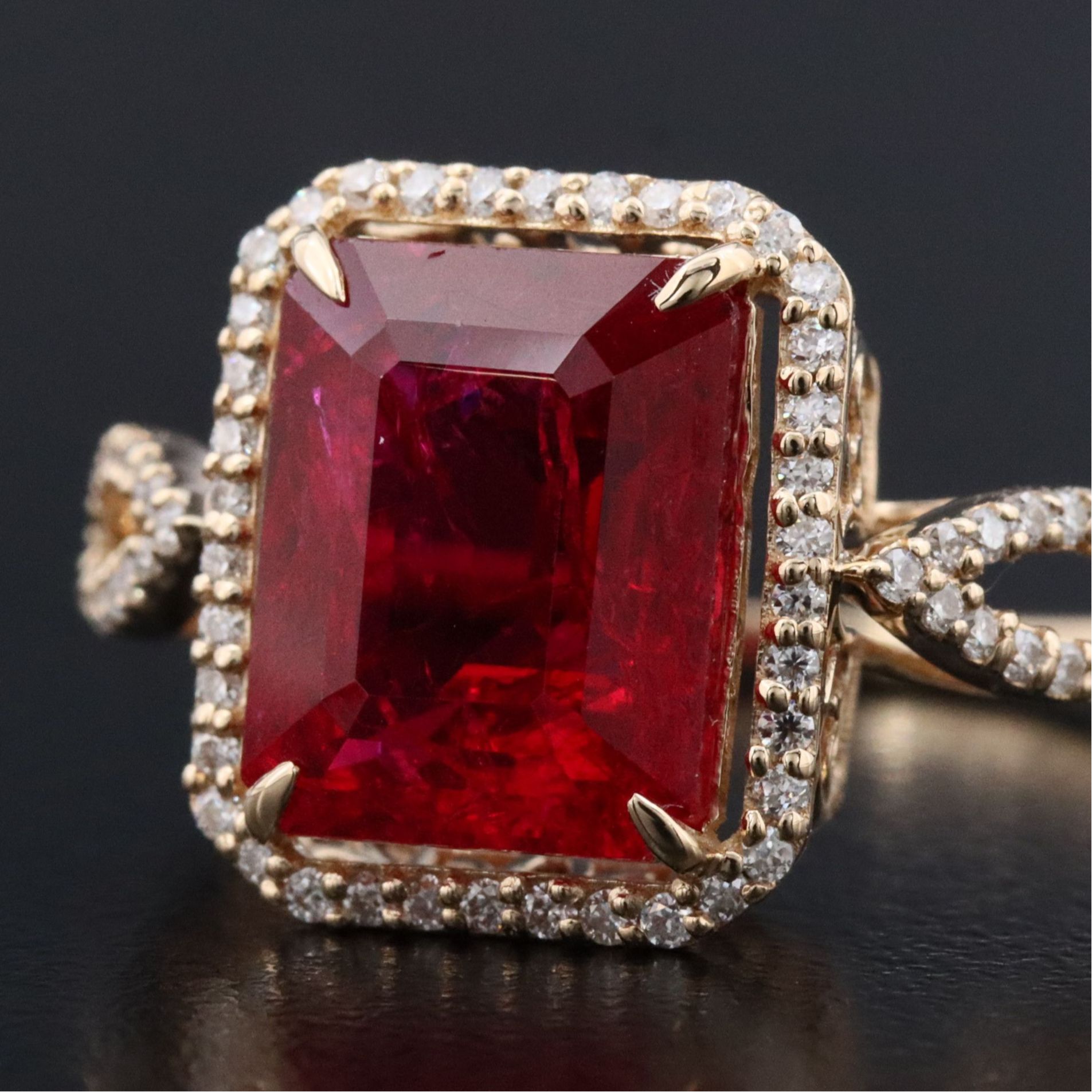 14K 4.46 CT Lab Grown Ruby and Moissanite Halo Ring