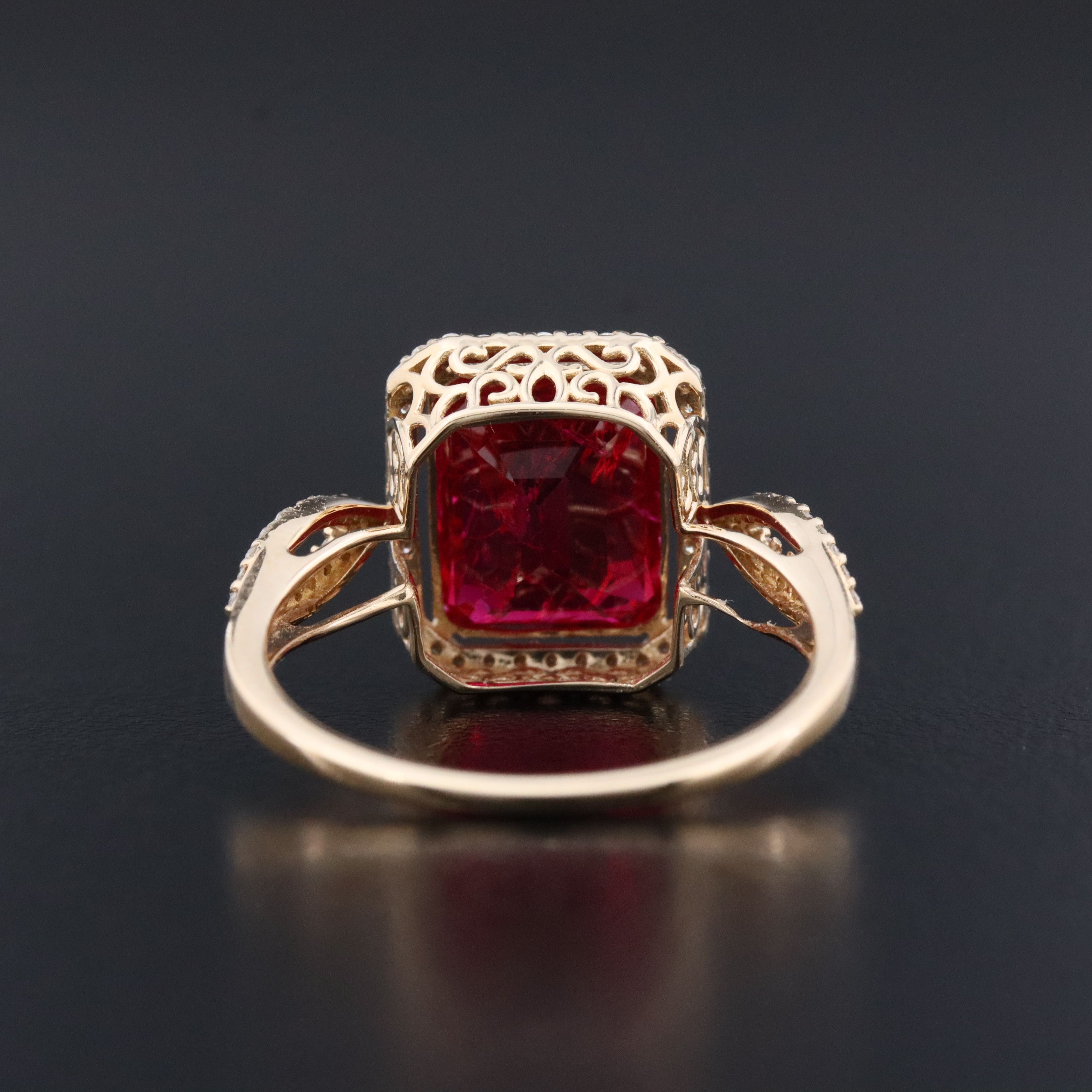 14K 4.46 CT Lab Grown Ruby and Moissanite Halo Ring