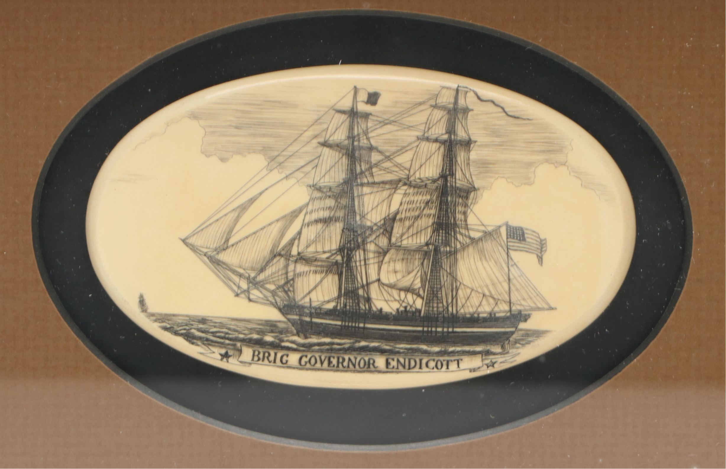 Stephen Barlow "Brig Governor Endicott" Framed Scrimshaw Ship Engraving