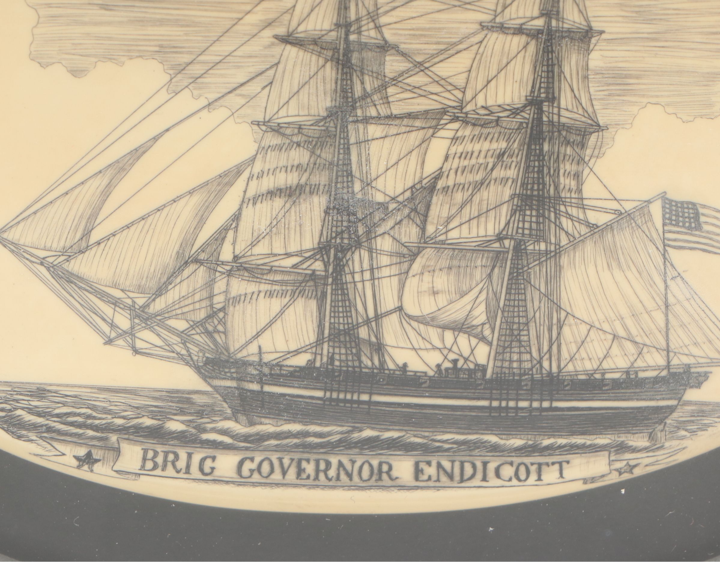 Stephen Barlow "Brig Governor Endicott" Framed Scrimshaw Ship Engraving