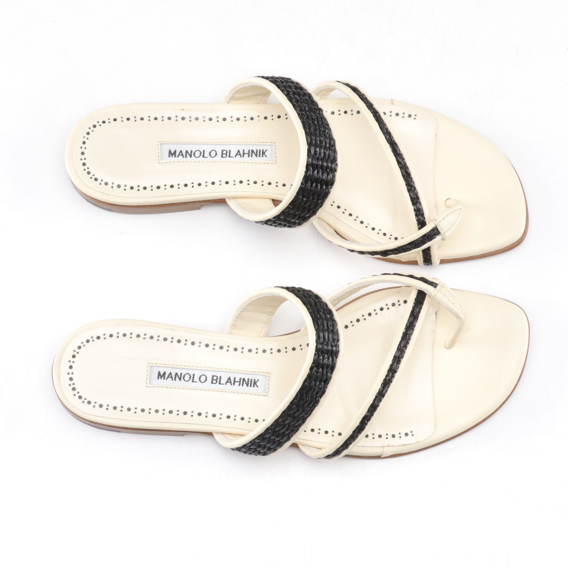 Manolo Blahnik Susara Raffia Cream Leather Flat Sandals