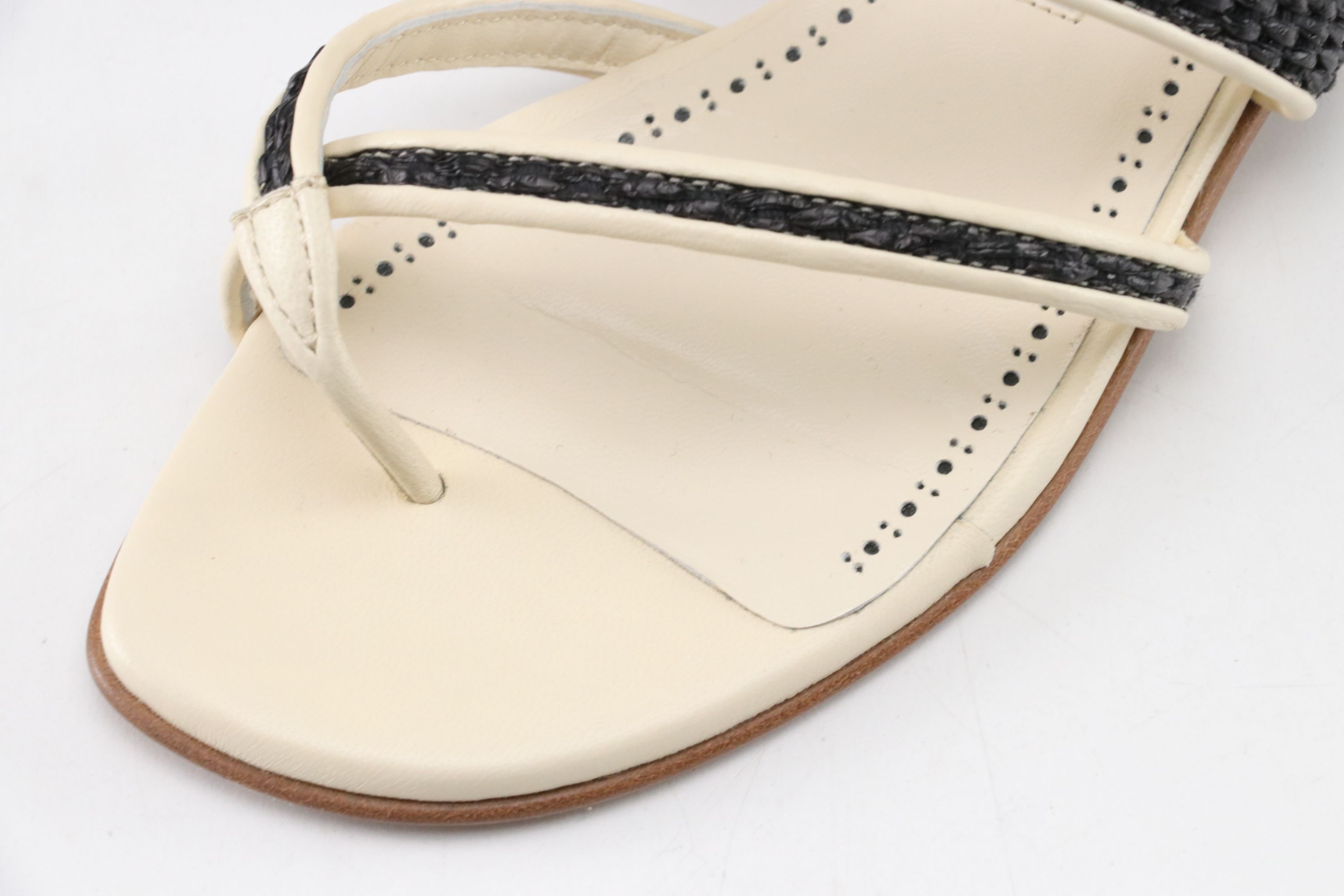 Manolo Blahnik Susara Raffia Cream Leather Flat Sandals