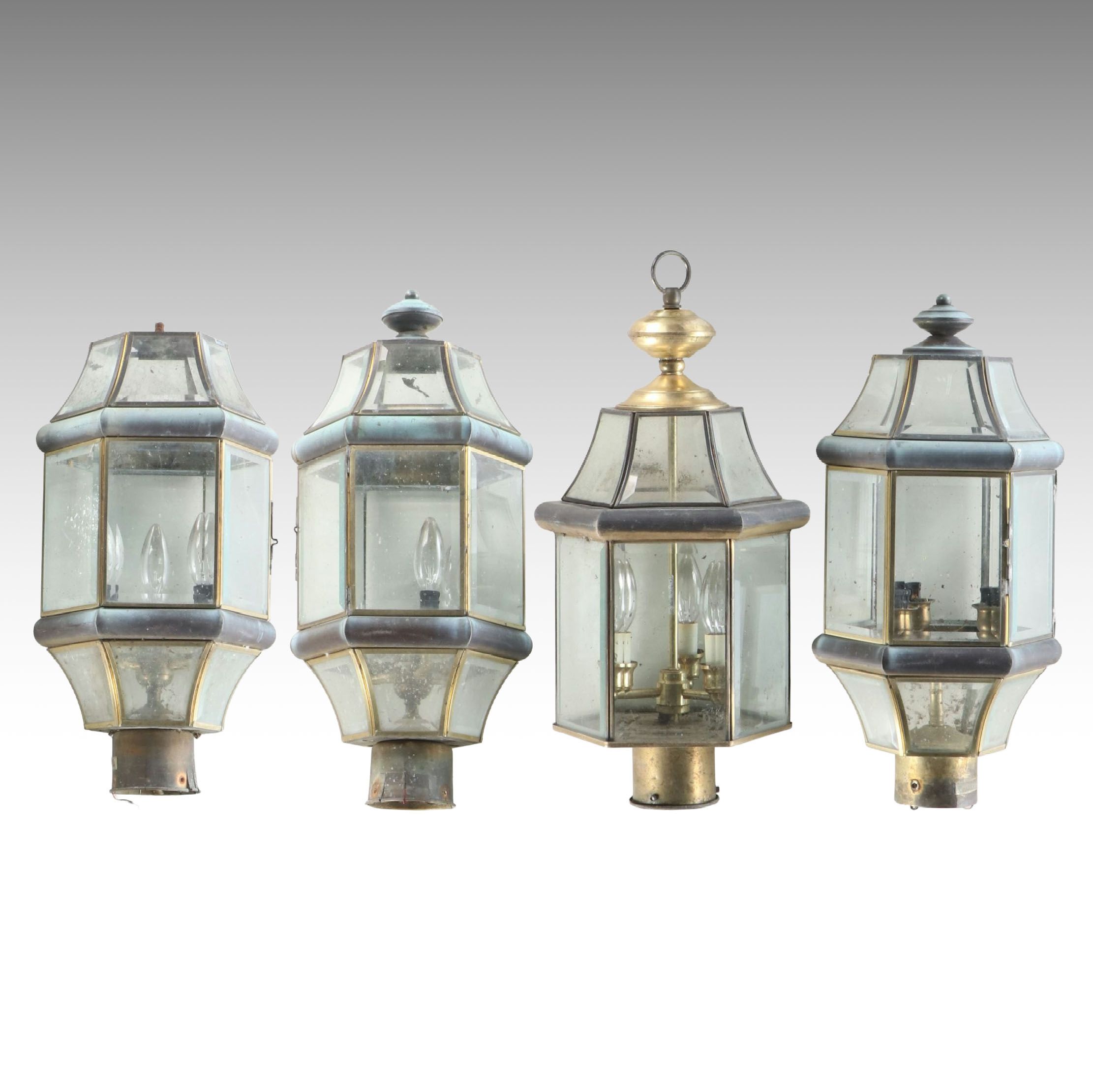 Beveled Glass and Brass Outdoor Wall Lanterns
