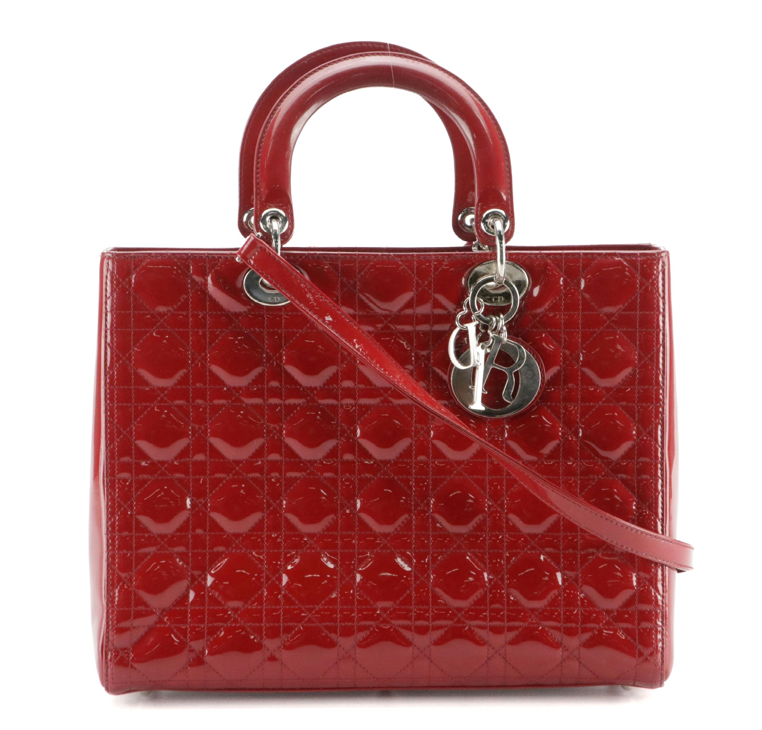 Christian Dior Red Cannage Quilted Patent Leather Medium Lady Dior Two-Way Bag