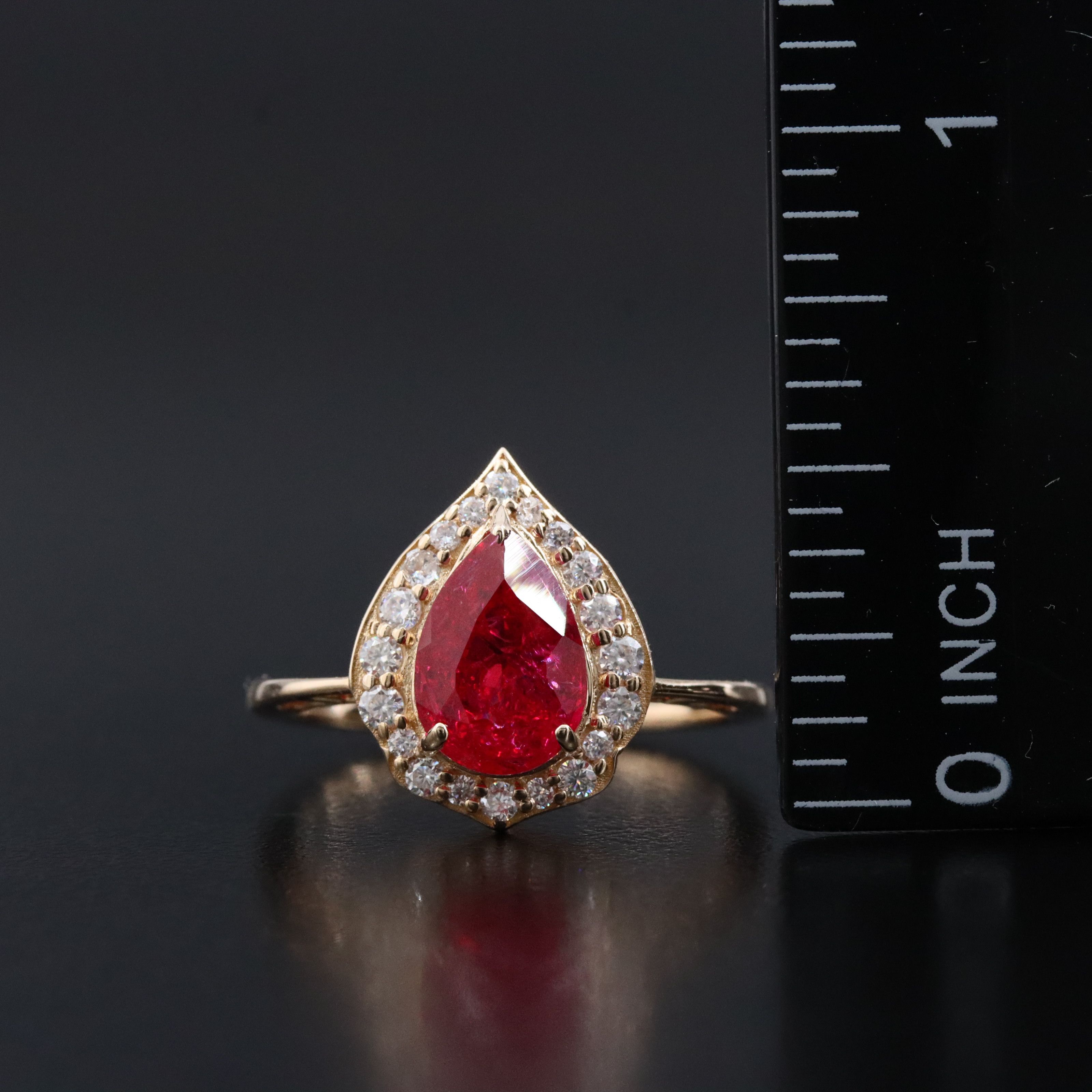 14K 2.59 CT Lab Grown Ruby and Moissanite Halo Ring