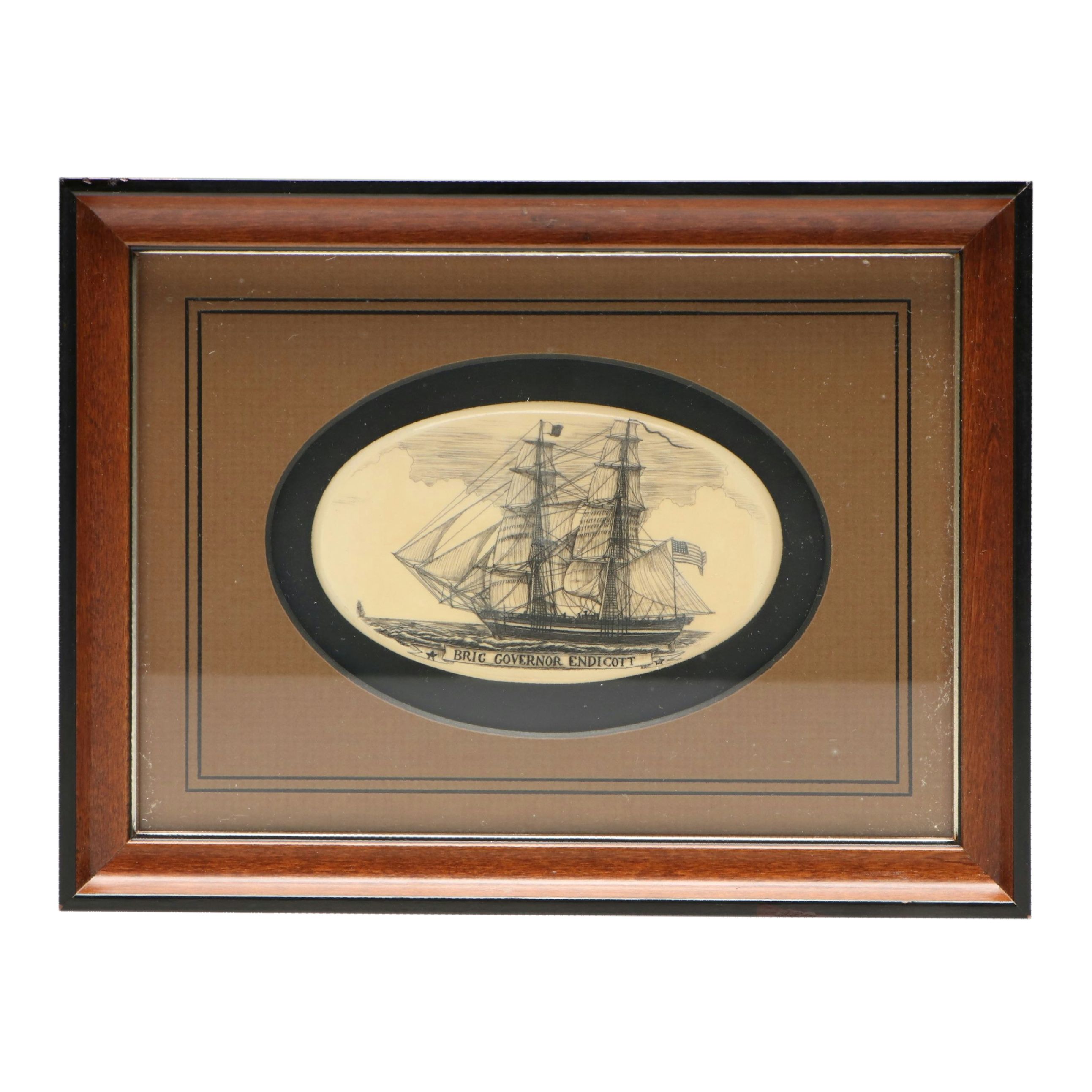 Stephen Barlow "Brig Governor Endicott" Framed Scrimshaw Ship Engraving