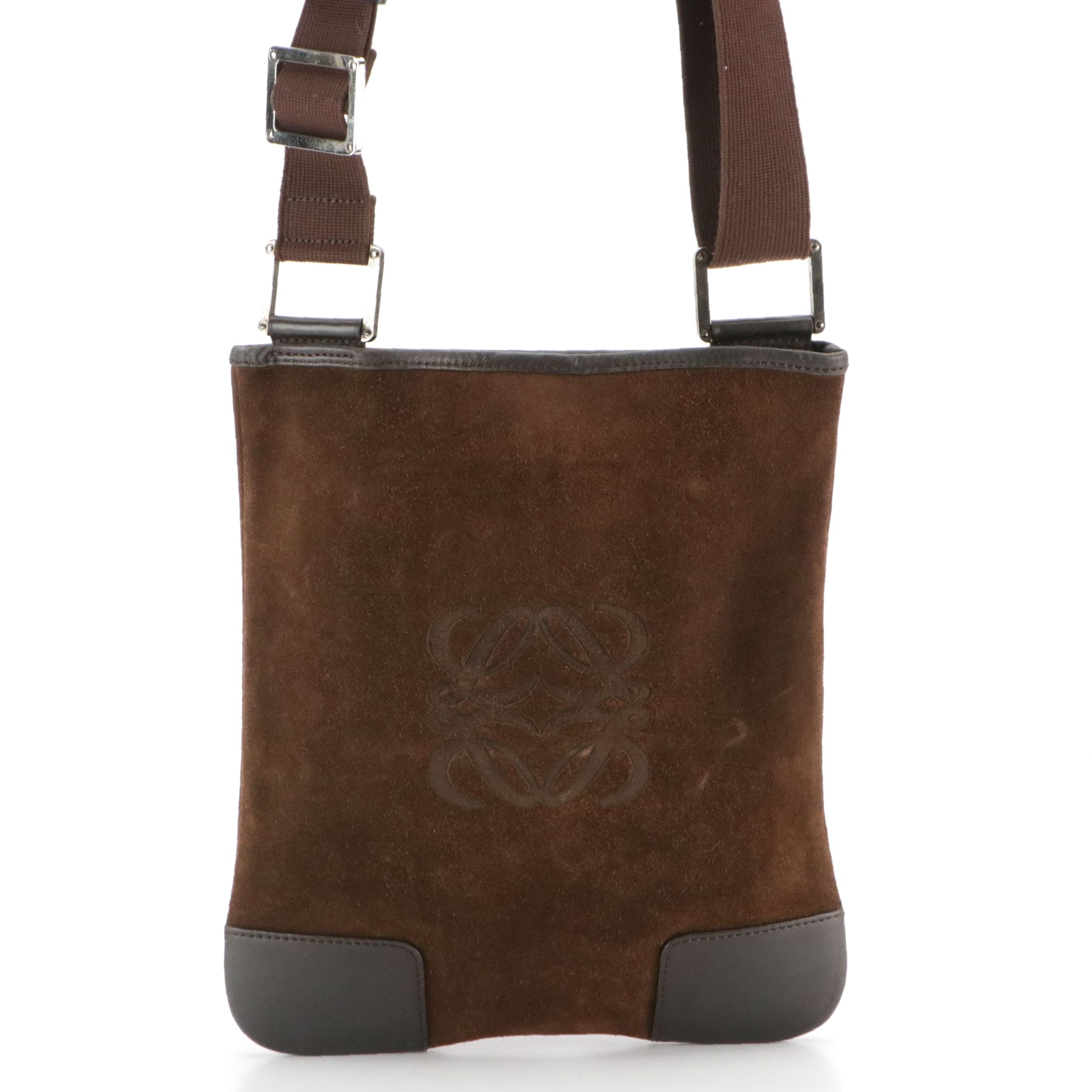 Loewe Anagram Embossed Suede and Leather Crossbody Bag with Web Strap