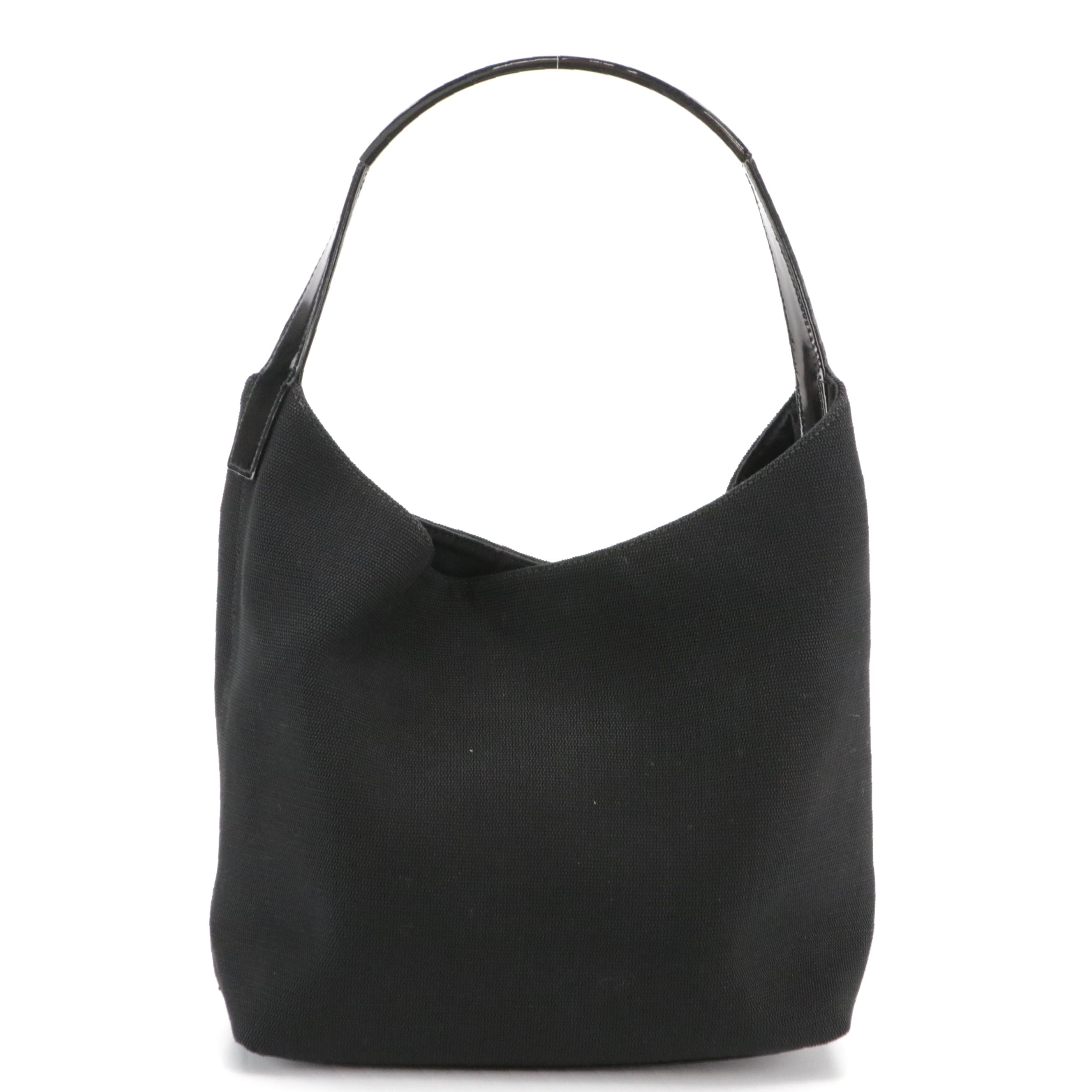 Gucci Black Textile and Glazed Leather Tote Bag with Metal Handle