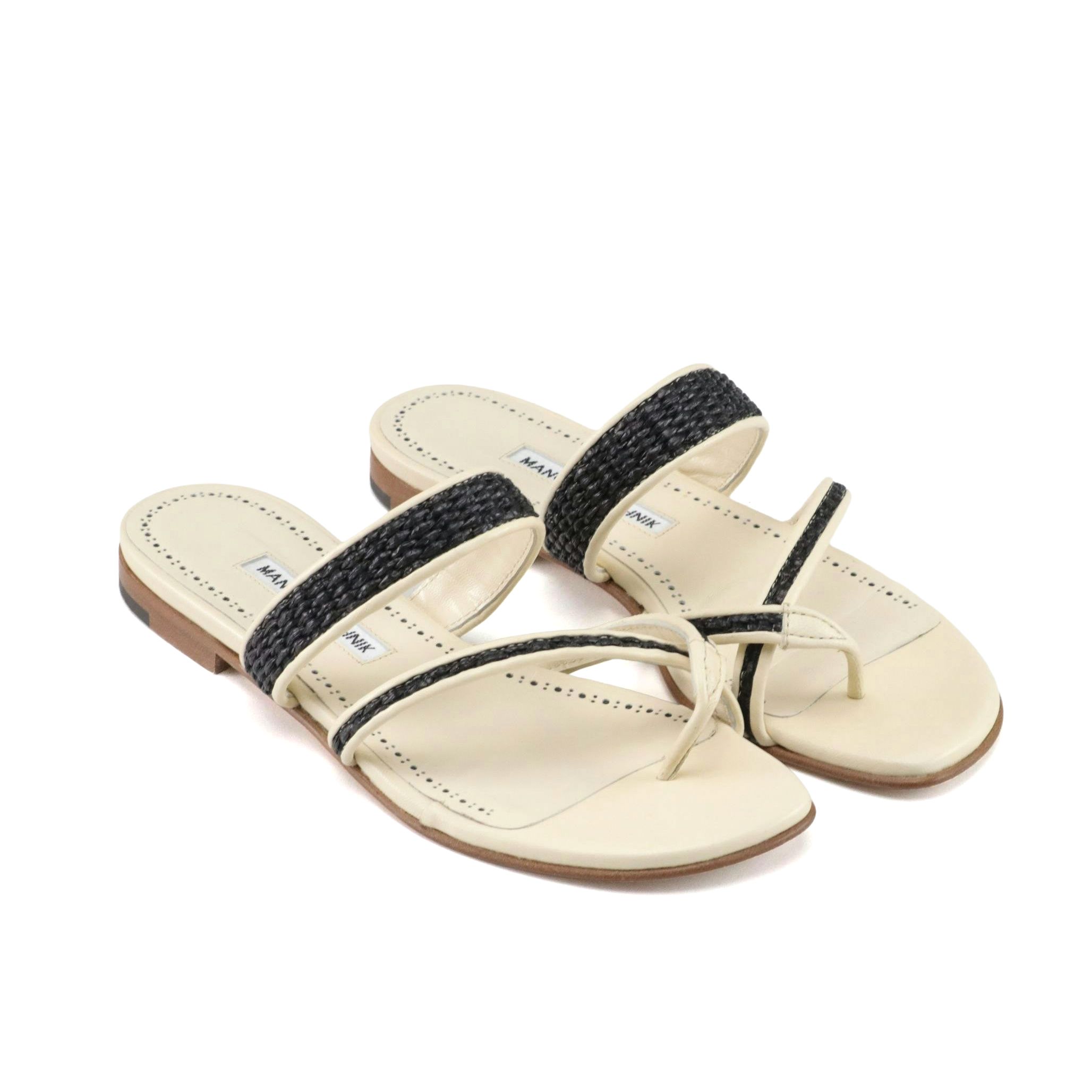 Manolo Blahnik Susara Raffia Cream Leather Flat Sandals