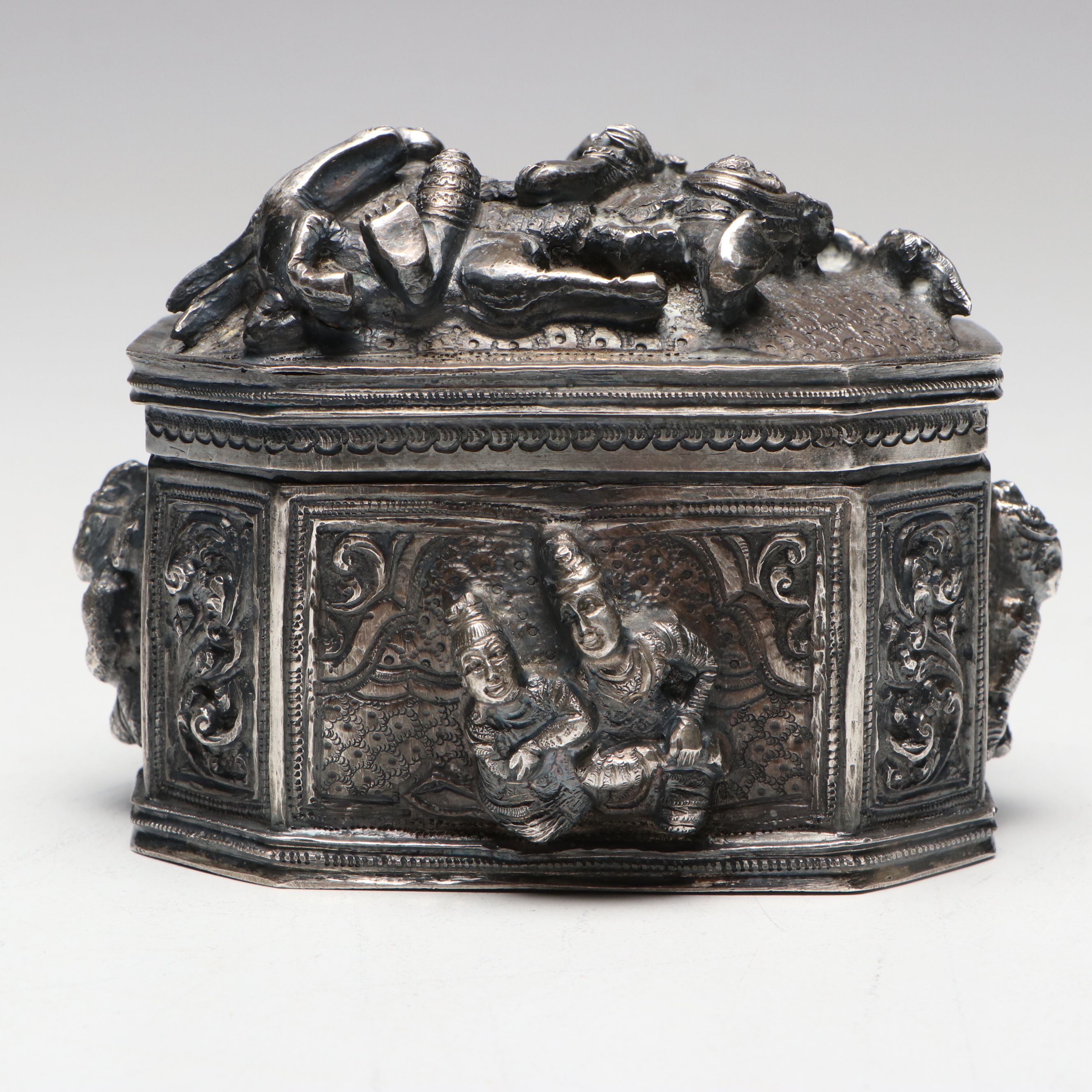 Burmese Sterling Repoussé Figural Betel Lime Box, Late 19th/Early 20th C.