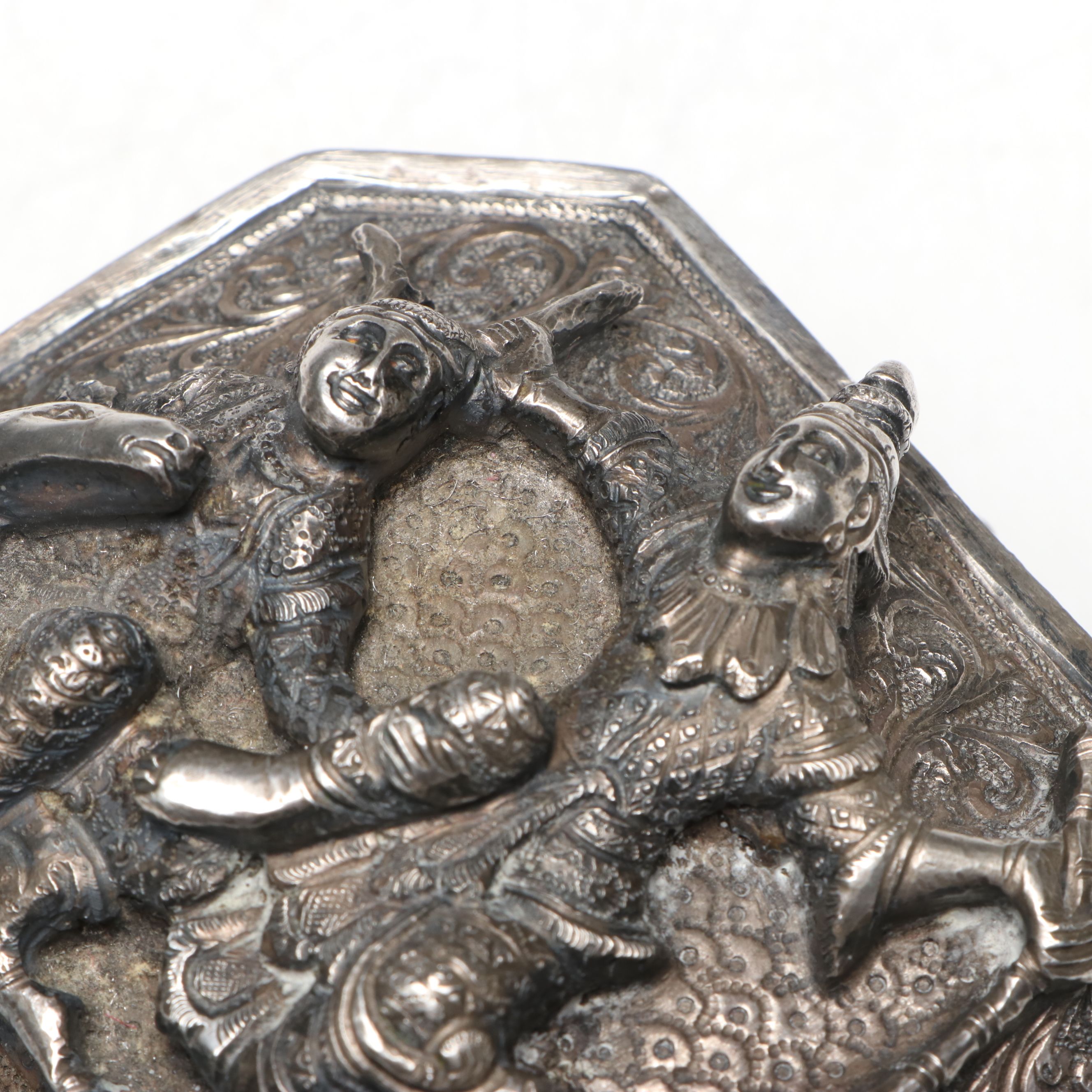Burmese Sterling Repoussé Figural Betel Lime Box, Late 19th/Early 20th C.