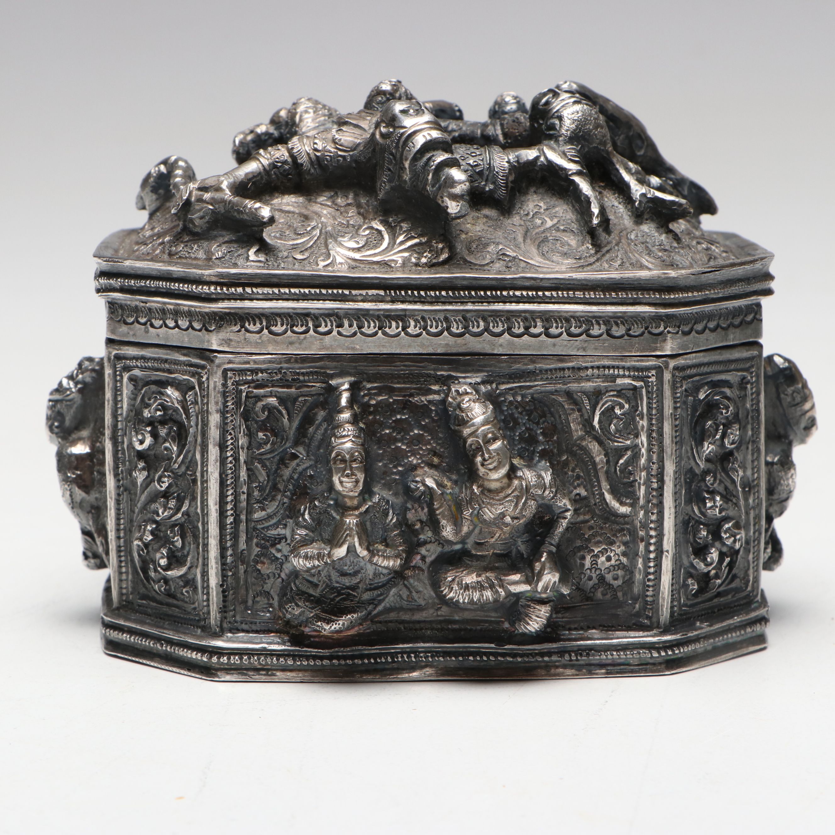 Burmese Sterling Repoussé Figural Betel Lime Box, Late 19th/Early 20th C.