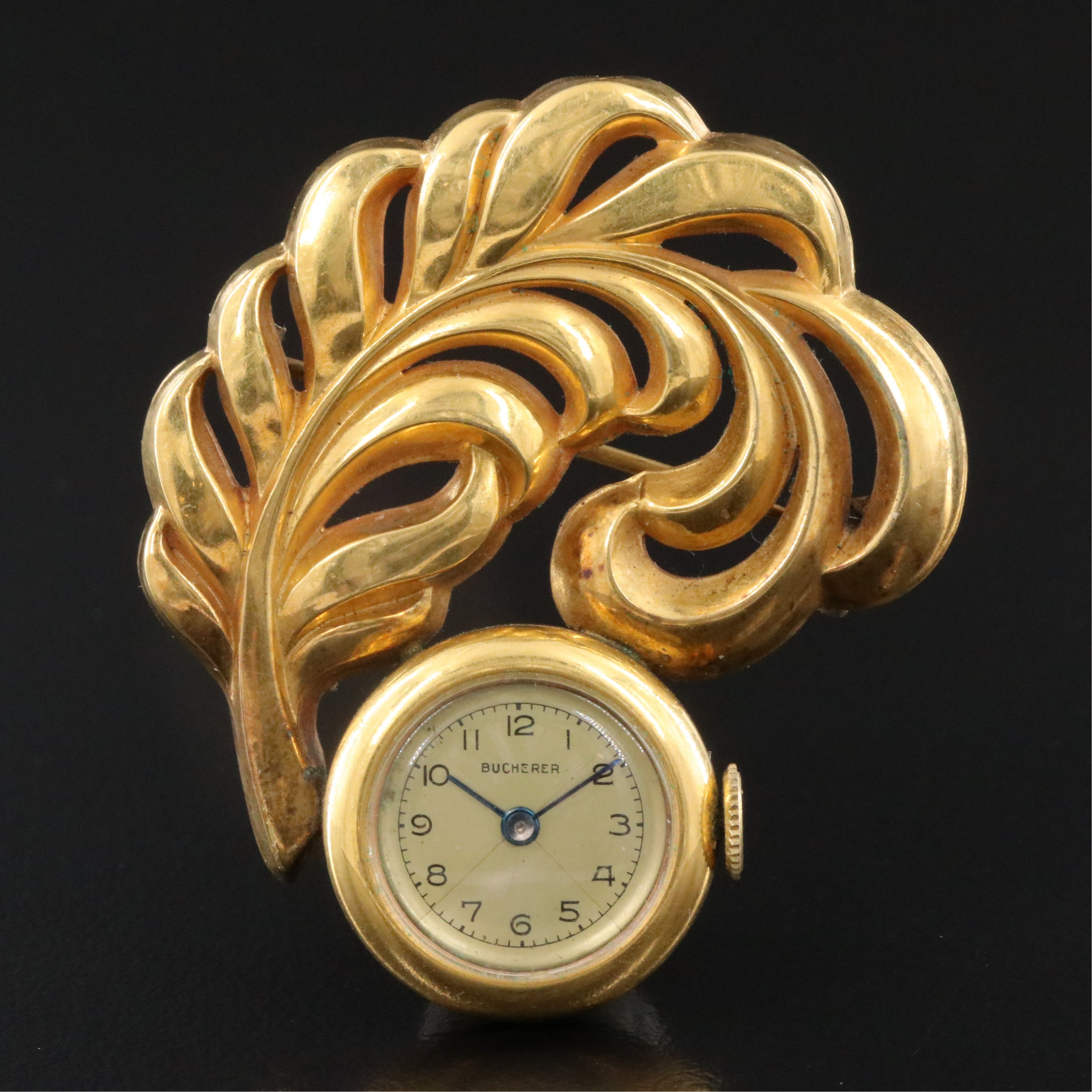 Bucherer Gold-Tone Feather Brooch Watch