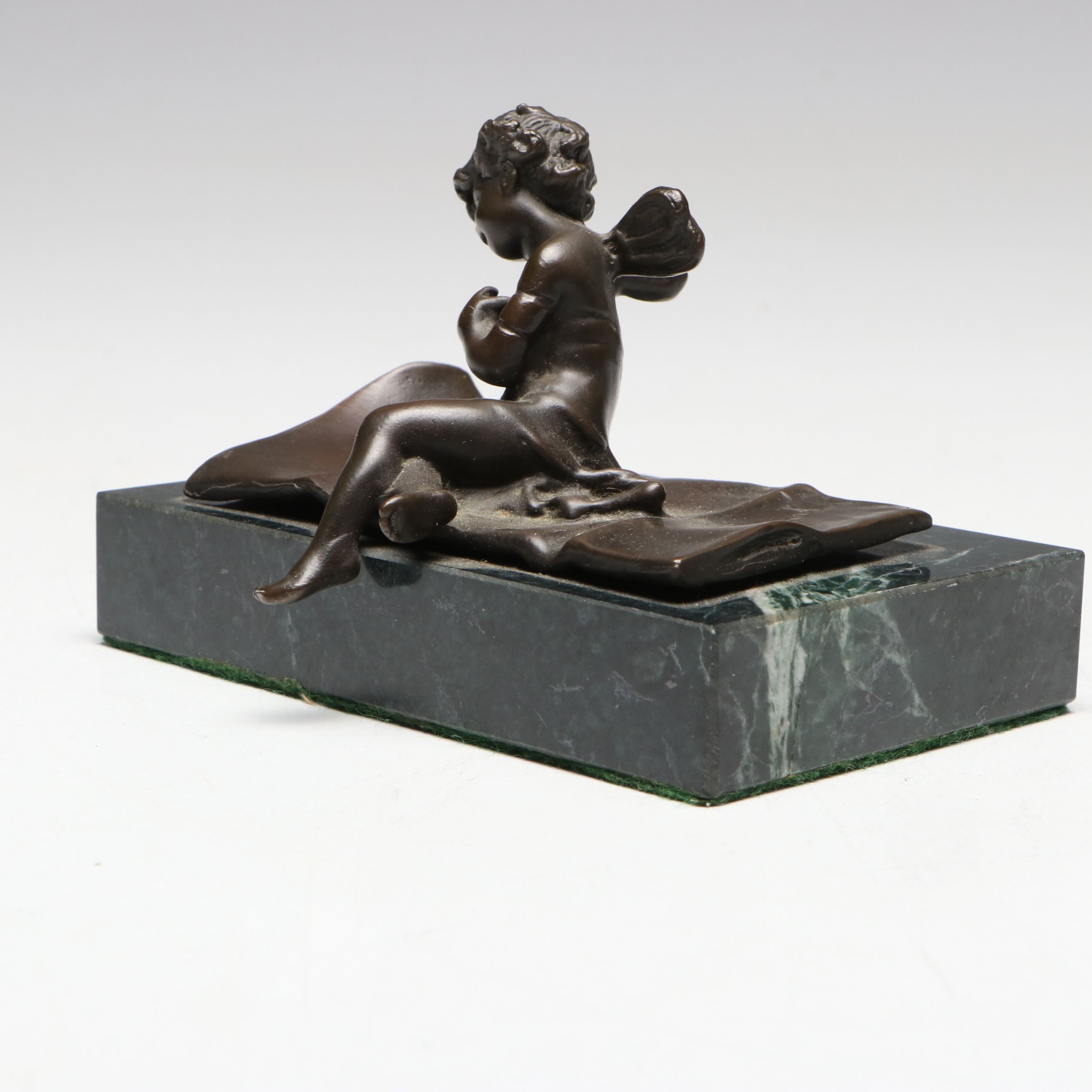French Ferrand Bronze and Marble Cherub Paperweight, 20th Century