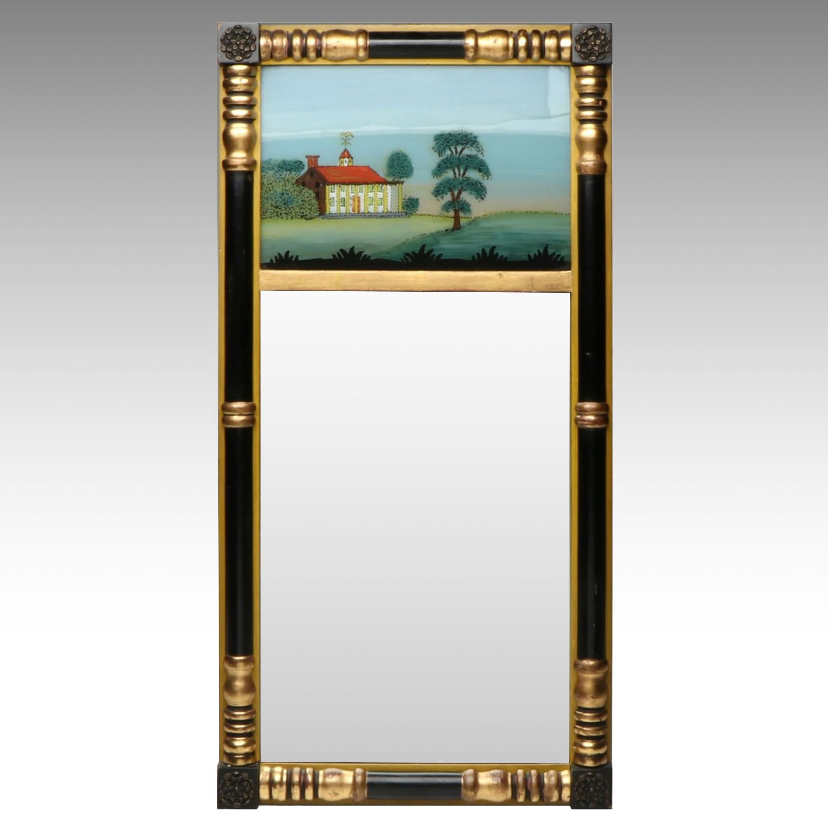 Empire Style Reverse Painted Ebonized and Gilt Wall Mirror