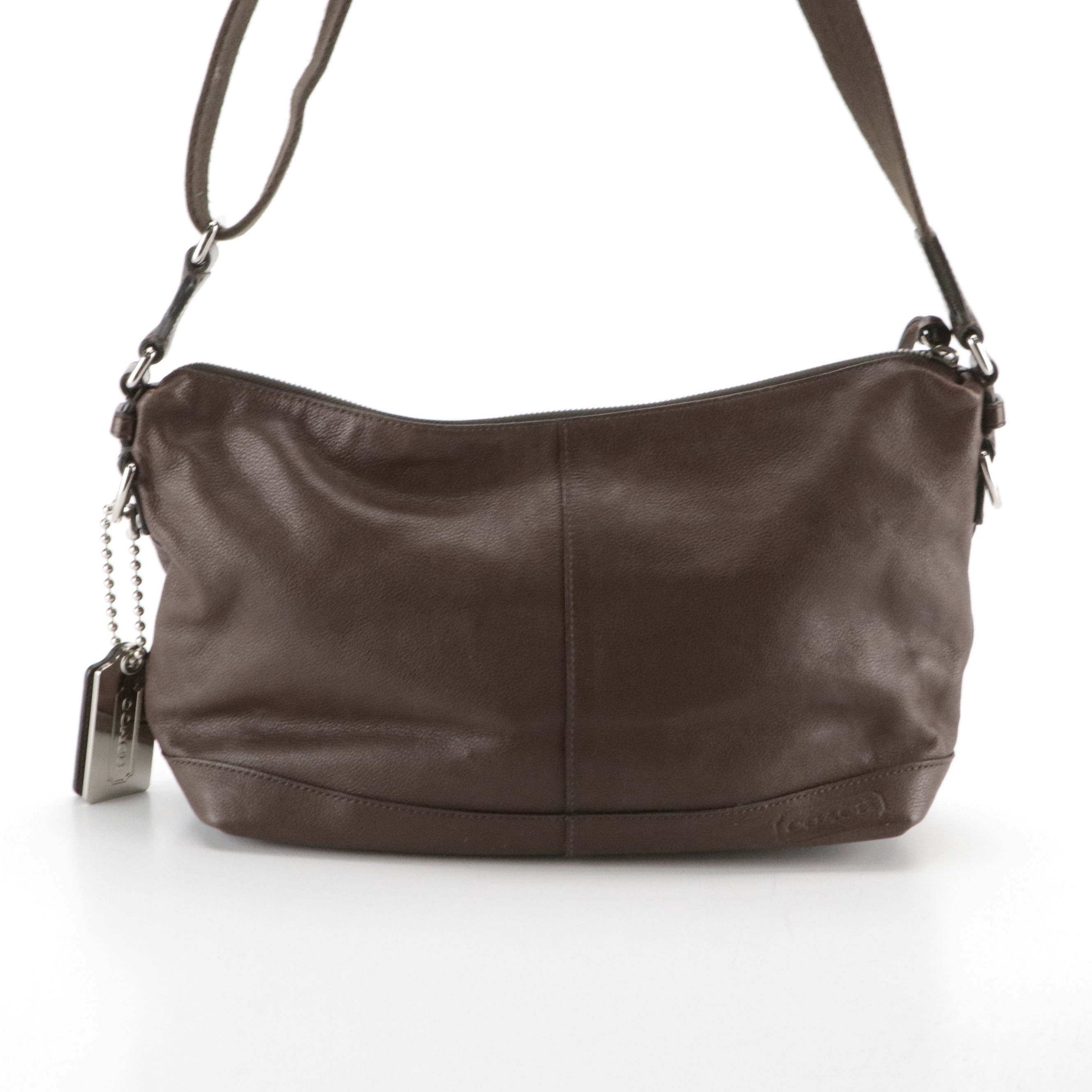Coach Brown Pebble Grain Leather Web Strap Crossbody Bag