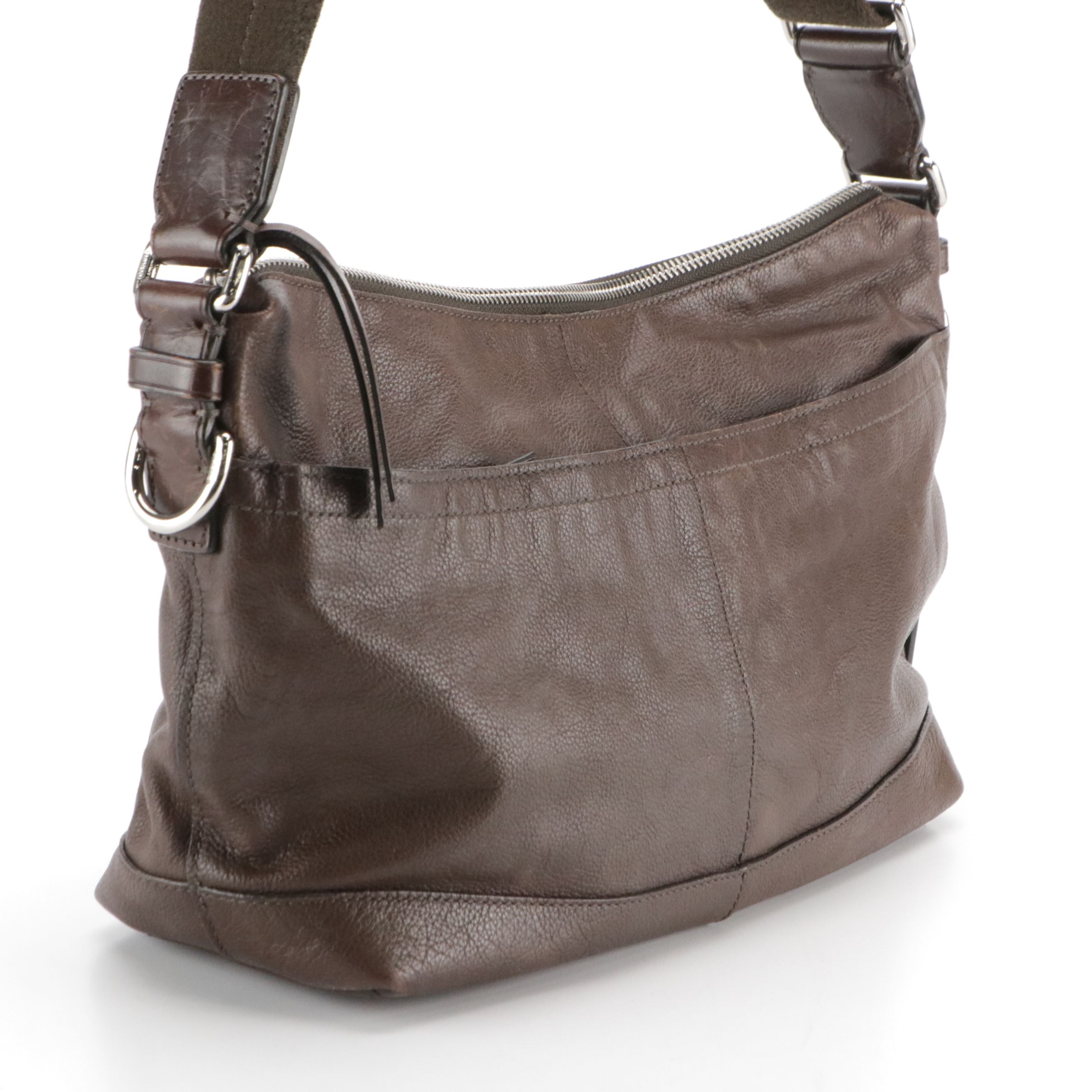 Coach Brown Pebble Grain Leather Web Strap Crossbody Bag