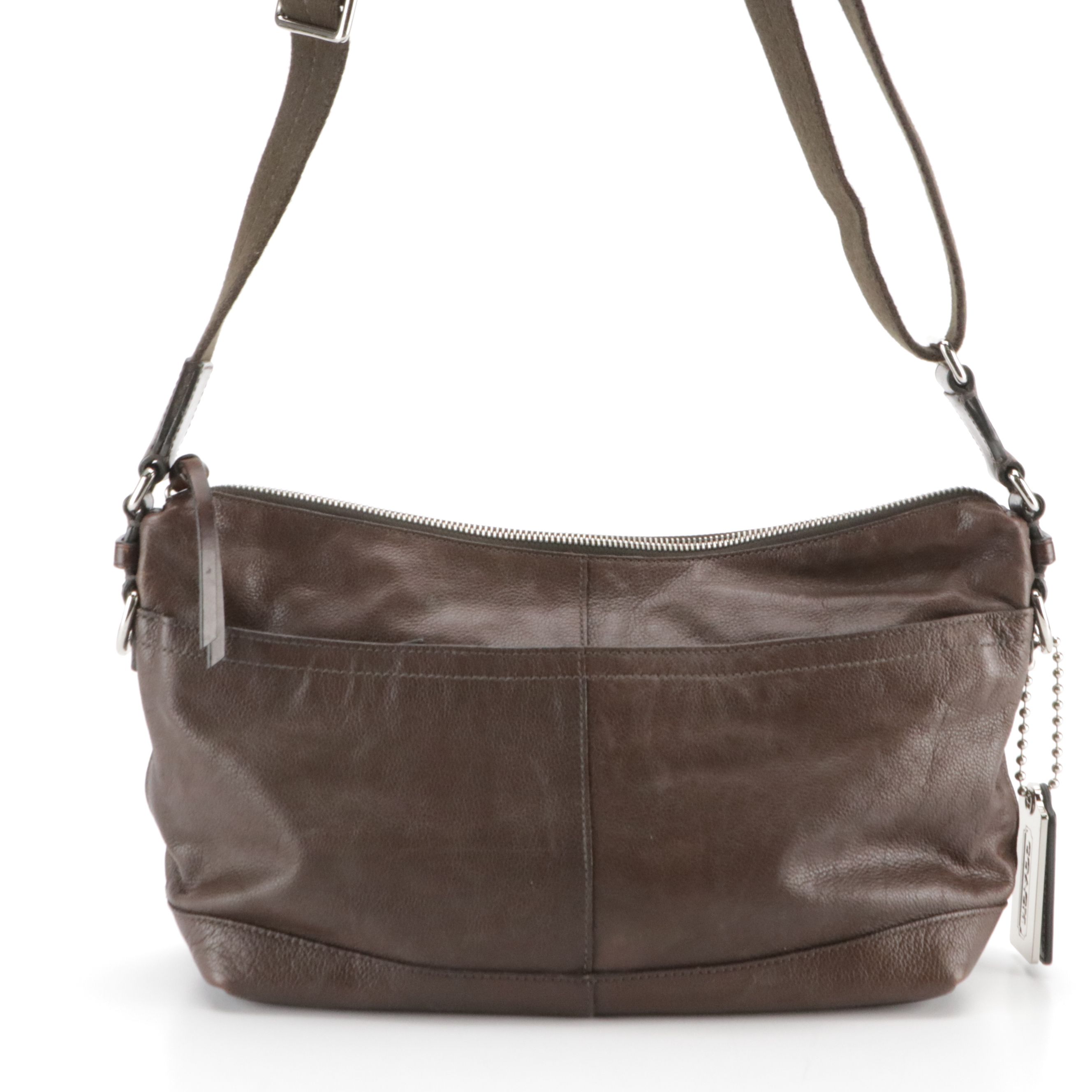 Coach Brown Pebble Grain Leather Web Strap Crossbody Bag